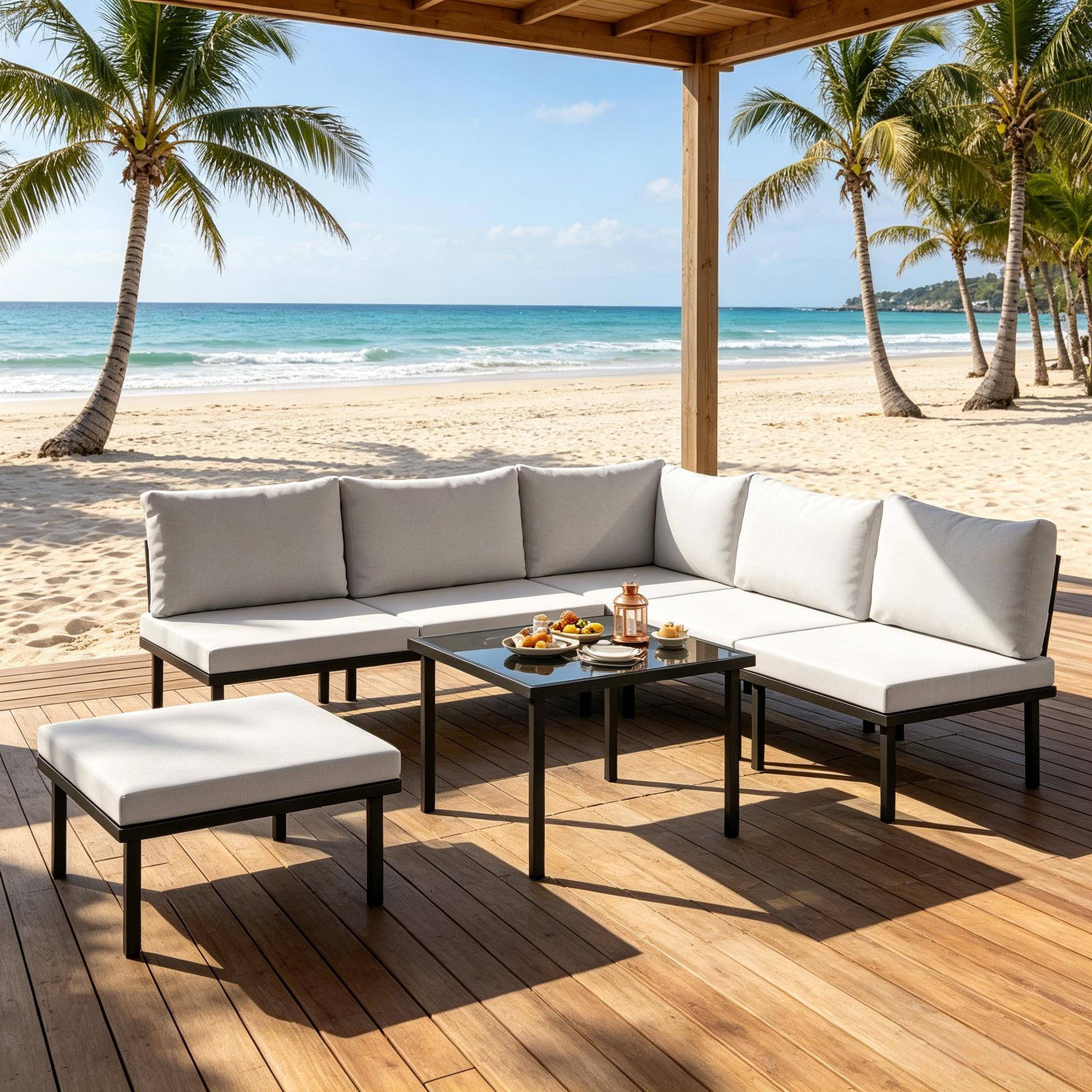 ComfortXL - Salon de jardin modulable métal gris clair 6 pièces avec coussins et table verre - ComfortXL Outdoor Living - Image 4