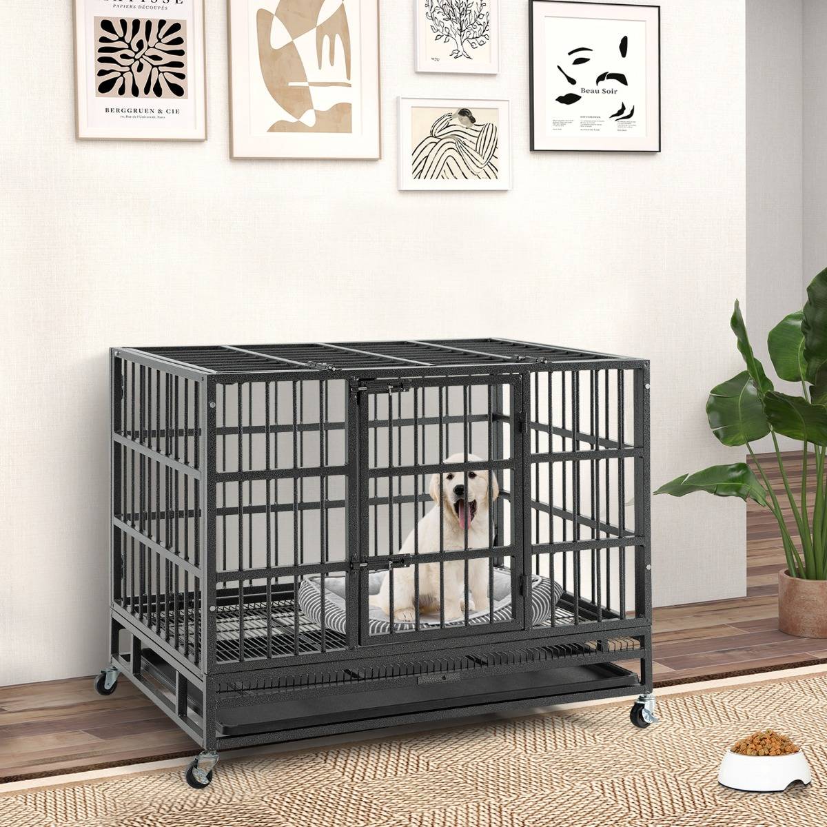 Cage pour Chien de Grande et Moyenne Taille de 96 cm en Métal Pliable Roulettes et 2 Portes Verrouillables Plateau Amovible Caisse Noir - Image 2