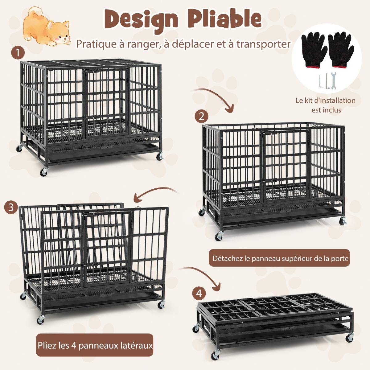 Cage pour Chien de Grande et Moyenne Taille de 96 cm en Métal Pliable Roulettes et 2 Portes Verrouillables Plateau Amovible Caisse Noir - Image 7
