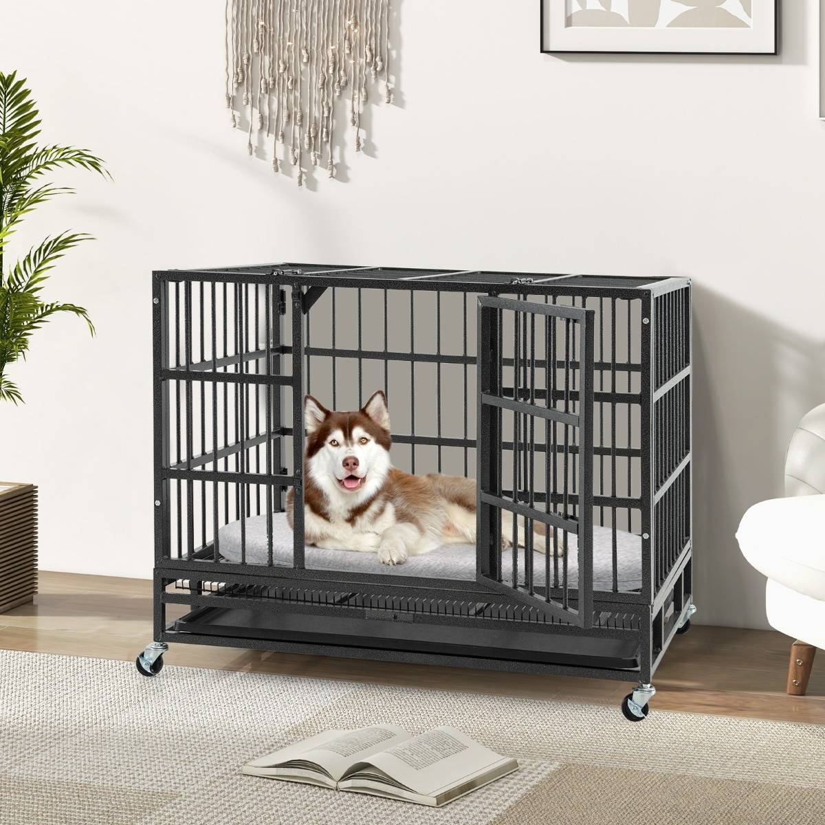 Cage pour Chien de Grande et Moyenne Taille de 96 cm en Métal Pliable Roulettes et 2 Portes Verrouillables Plateau Amovible Caisse Noir - Image 3