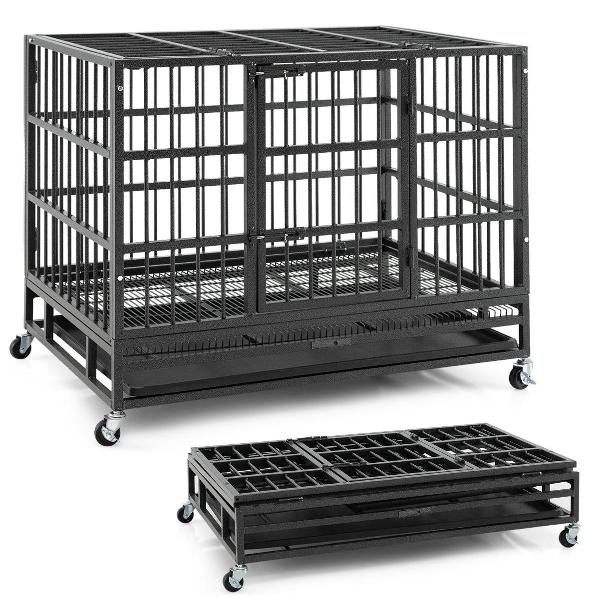 Cage pour Chien de Grande et Moyenne Taille de 96 cm en Métal Pliable Roulettes et 2 Portes Verrouillables Plateau Amovible Caisse Noir - Image 4