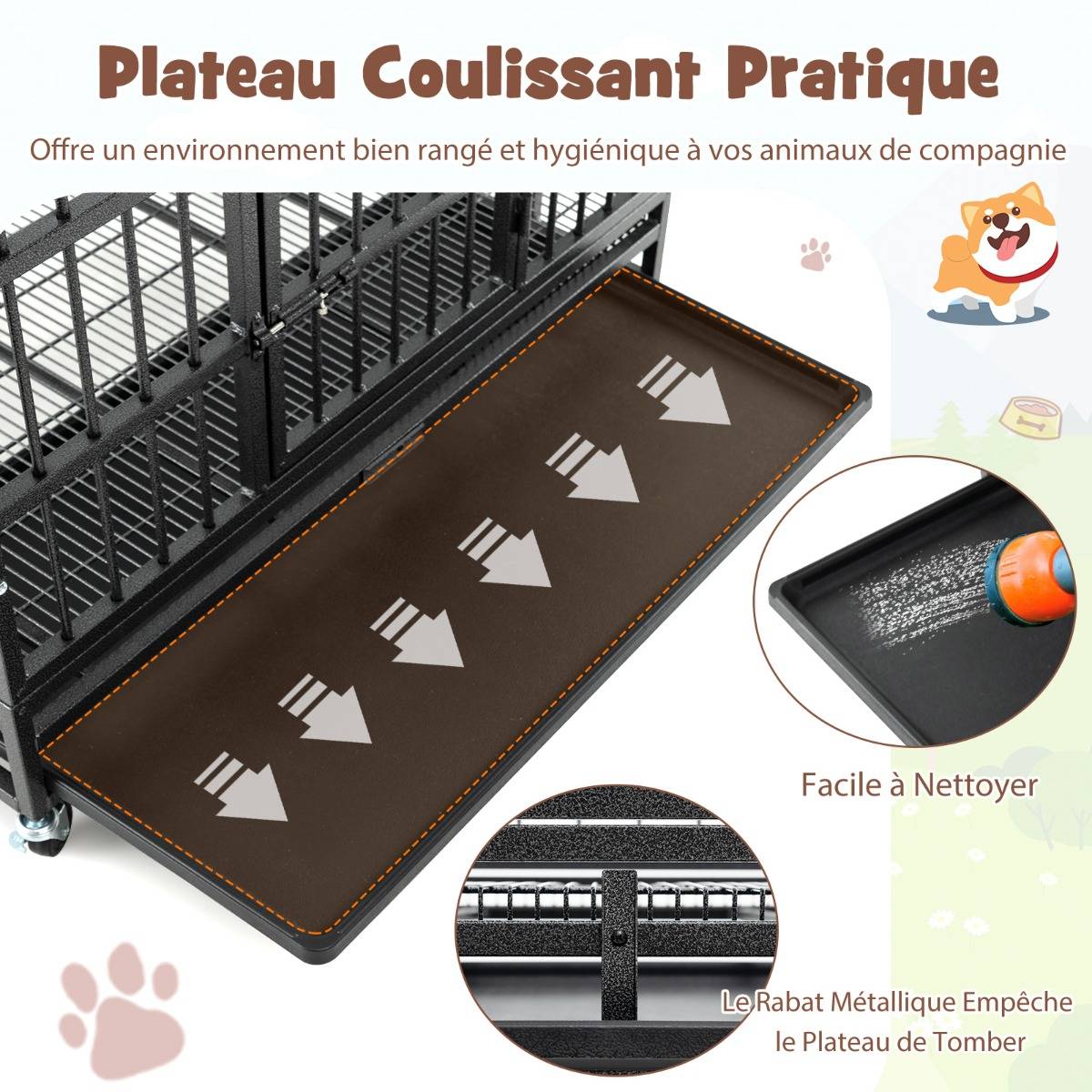 Cage pour Chien de Grande et Moyenne Taille de 96 cm en Métal Pliable Roulettes et 2 Portes Verrouillables Plateau Amovible Caisse Noir - Image 5