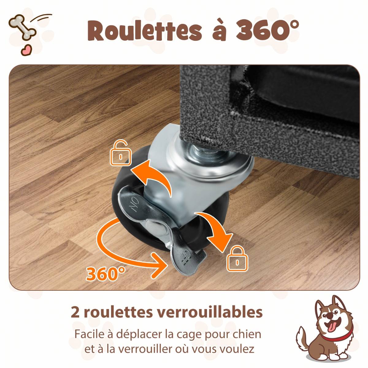 Cage pour Chien de Grande et Moyenne Taille de 96 cm en Métal Pliable Roulettes et 2 Portes Verrouillables Plateau Amovible Caisse Noir - Image 8