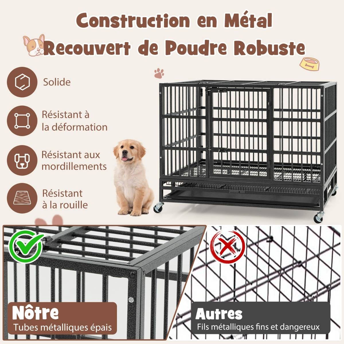 Cage pour Chien de Grande et Moyenne Taille de 96 cm en Métal Pliable Roulettes et 2 Portes Verrouillables Plateau Amovible Caisse Noir - Image 9