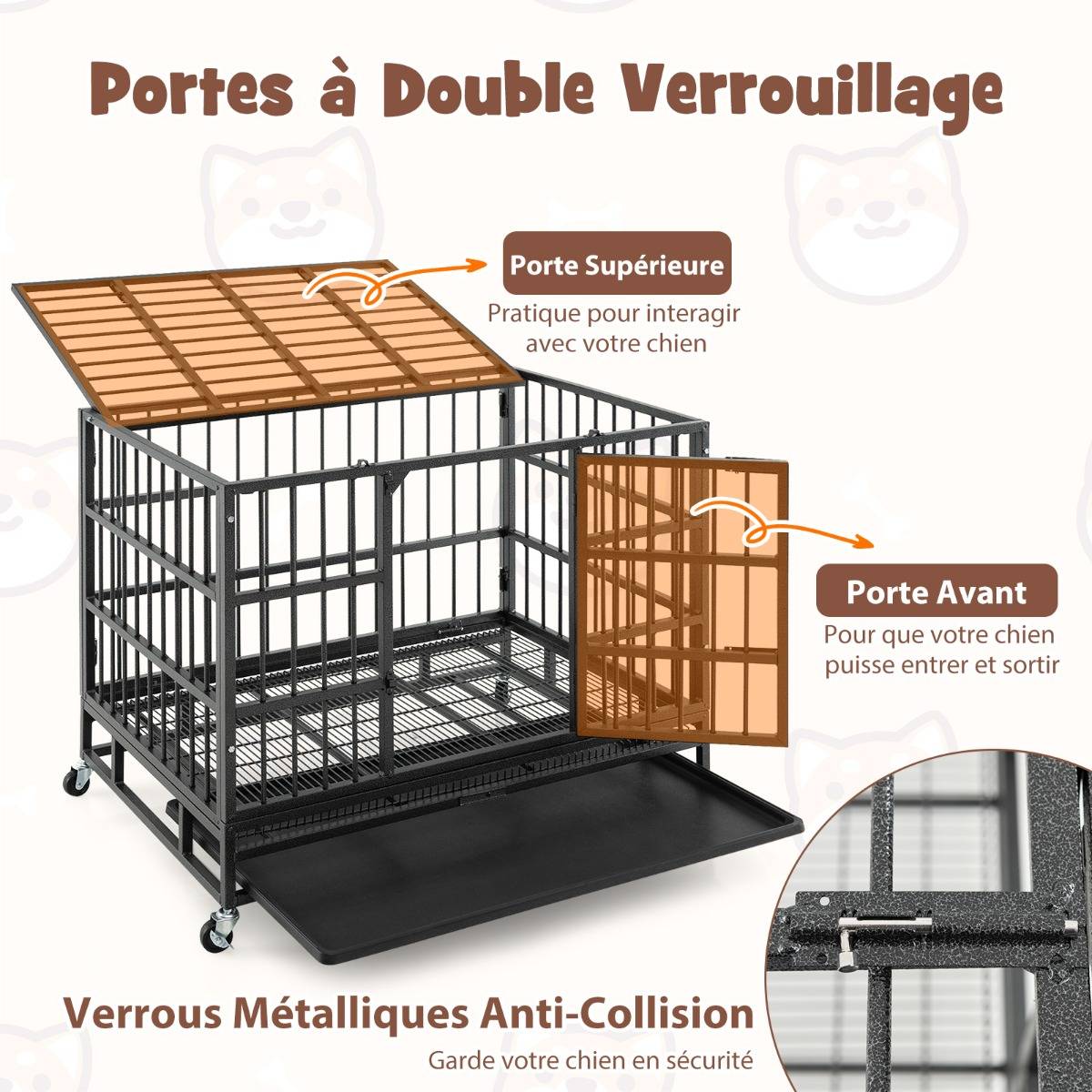 Cage pour Chien de Grande et Moyenne Taille de 96 cm en Métal Pliable Roulettes et 2 Portes Verrouillables Plateau Amovible Caisse Noir - Image 6