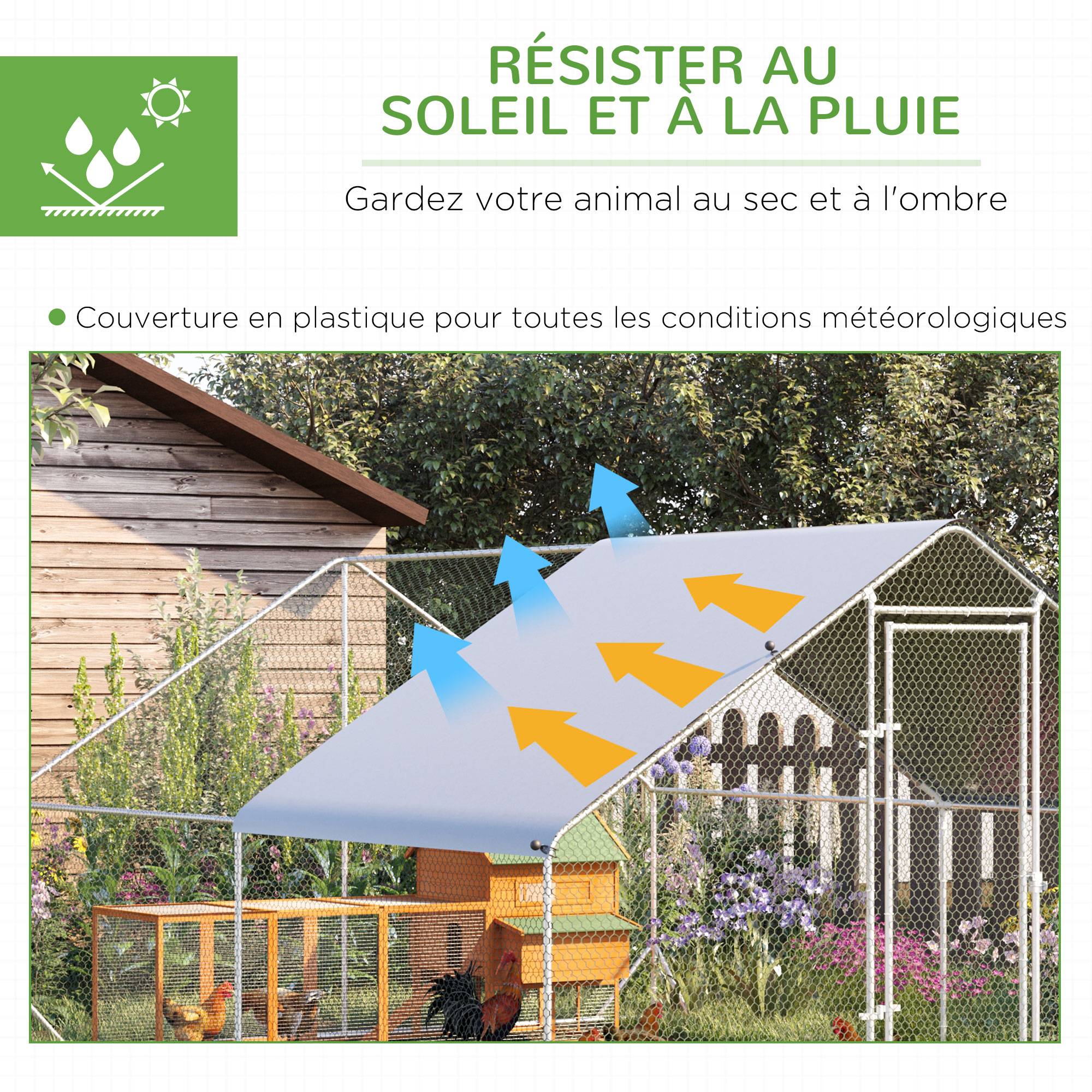 Sans Marque - Enclos poulailler chenil volière extérieur 12 m² - Parc grillagé dim. 3L x 4l x 2H m - Espace Couvert - Acier galvanisé - Image 6