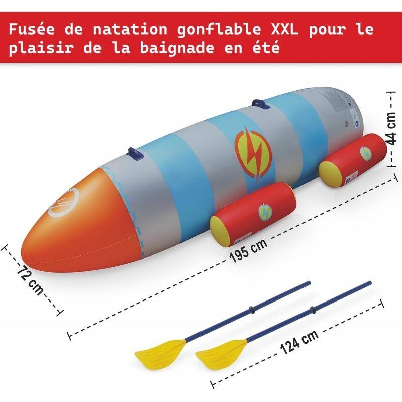 Fusée à eau Bouée gonflable Ballon flotteur pour piscines XXL 195x72x44cm 2 Pagaies pour adultes et enfants à partir de 6ans - Image 2