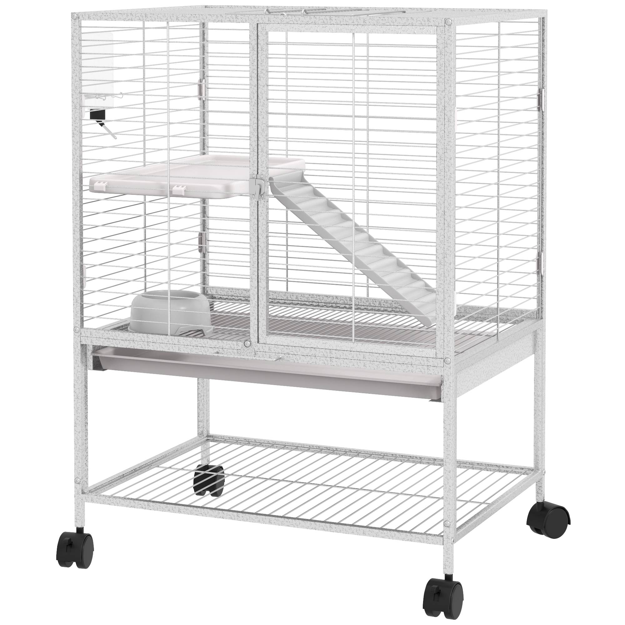 Cage acier sur roulettes pour furets et chinchillas 2 niveaux avec rampe 61x44x86 cm gris - ComfortXL Outdoor Living - Image 2