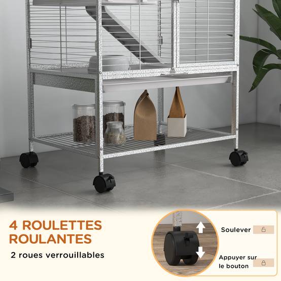Cage acier sur roulettes pour furets et chinchillas 2 niveaux avec rampe 61x44x86 cm gris - ComfortXL Outdoor Living - Image 8