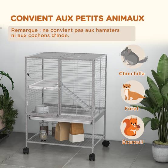 Cage acier sur roulettes pour furets et chinchillas 2 niveaux avec rampe 61x44x86 cm gris - ComfortXL Outdoor Living - Image 6