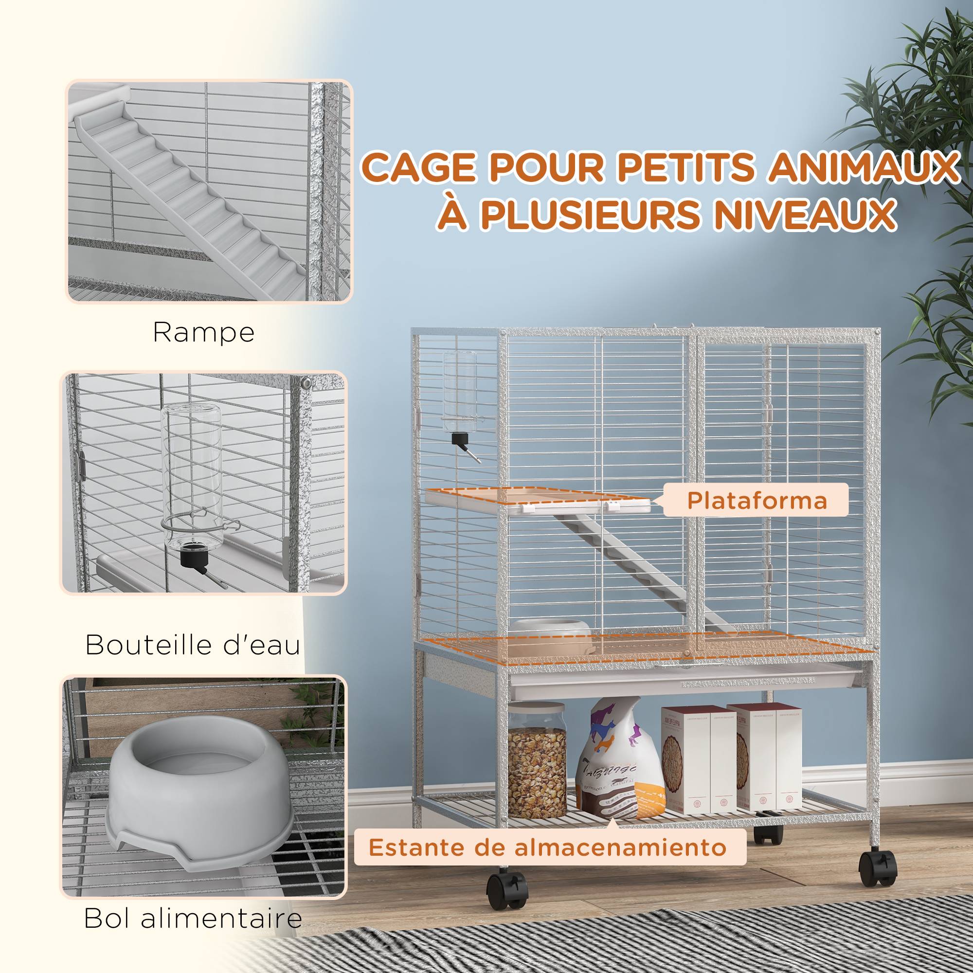 Cage acier sur roulettes pour furets et chinchillas 2 niveaux avec rampe 61x44x86 cm gris - ComfortXL Outdoor Living - Image 7