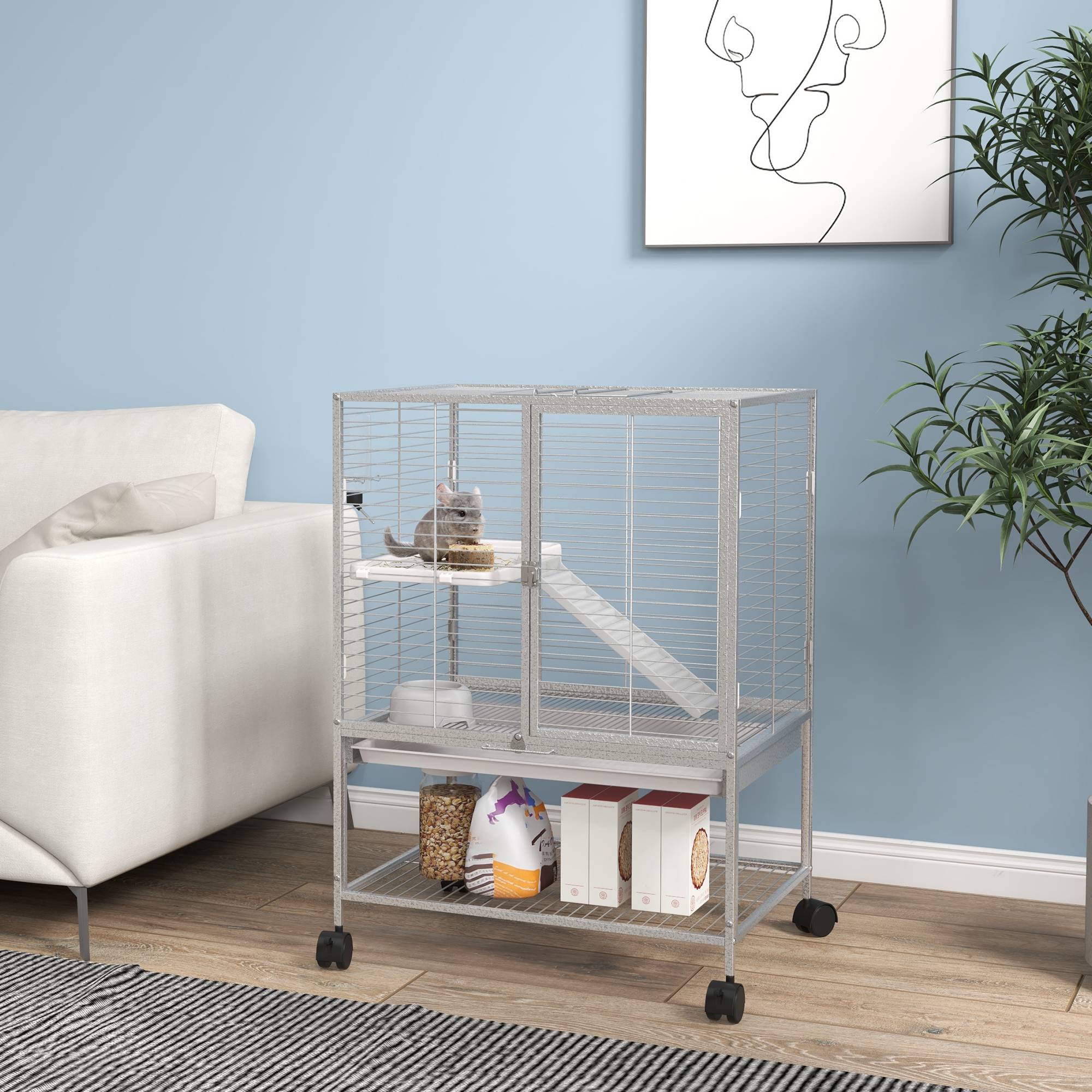 Cage acier sur roulettes pour furets et chinchillas 2 niveaux avec rampe 61x44x86 cm gris - ComfortXL Outdoor Living - Image 3