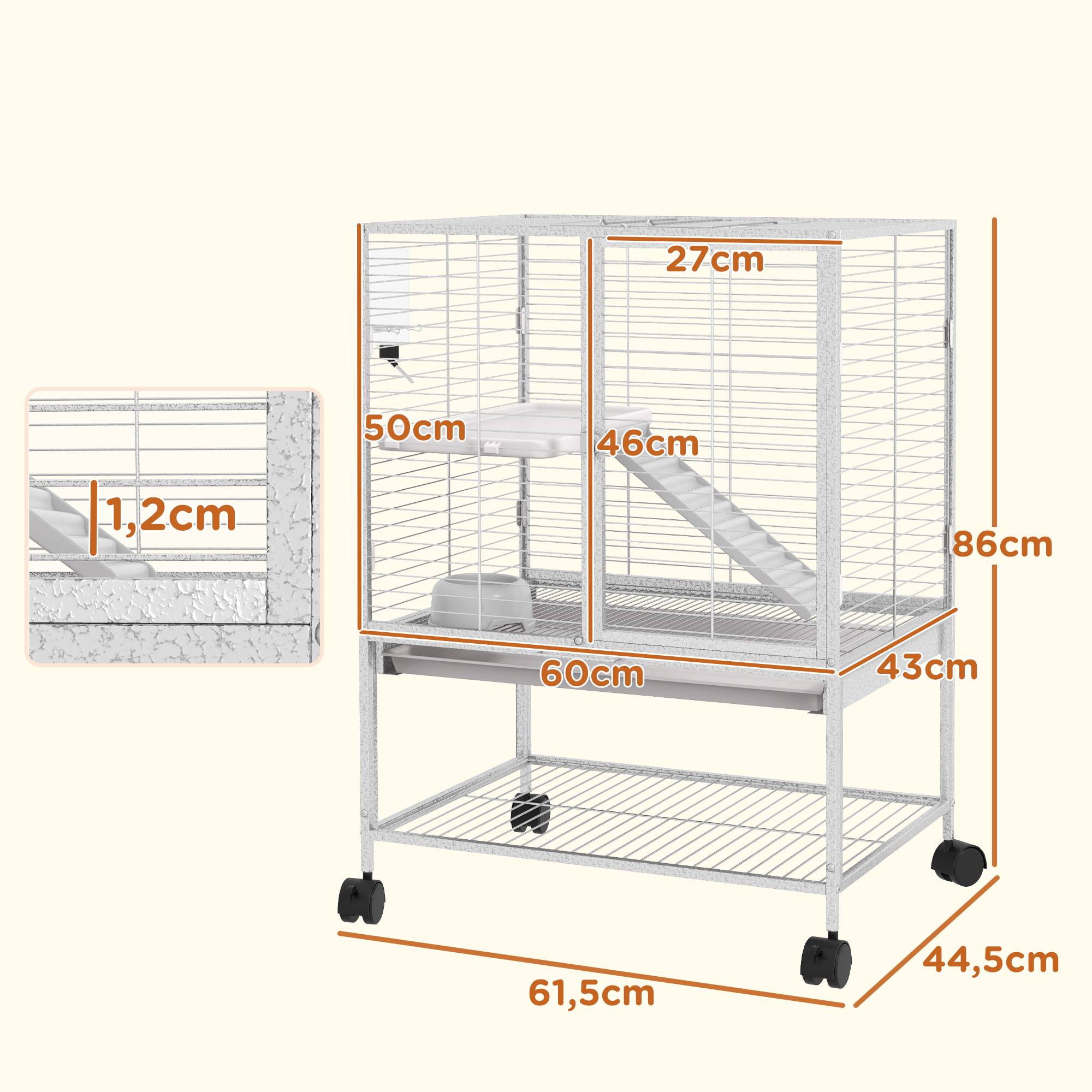Cage acier sur roulettes pour furets et chinchillas 2 niveaux avec rampe 61x44x86 cm gris - ComfortXL Outdoor Living - Image 5