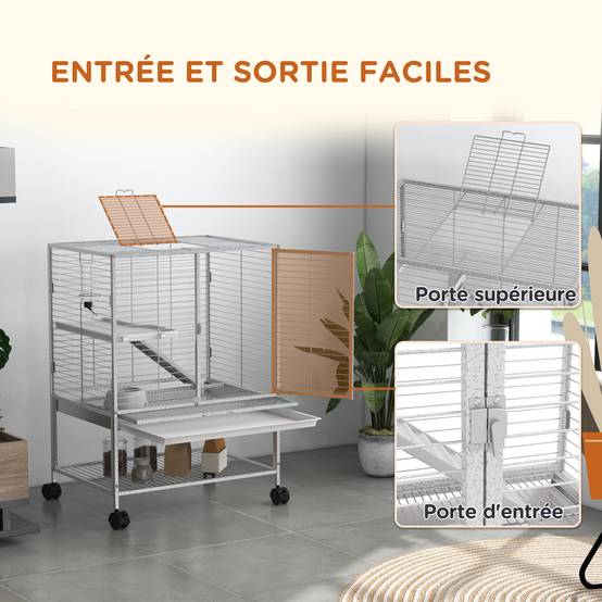 Cage acier sur roulettes pour furets et chinchillas 2 niveaux avec rampe 61x44x86 cm gris - ComfortXL Outdoor Living - Image 9