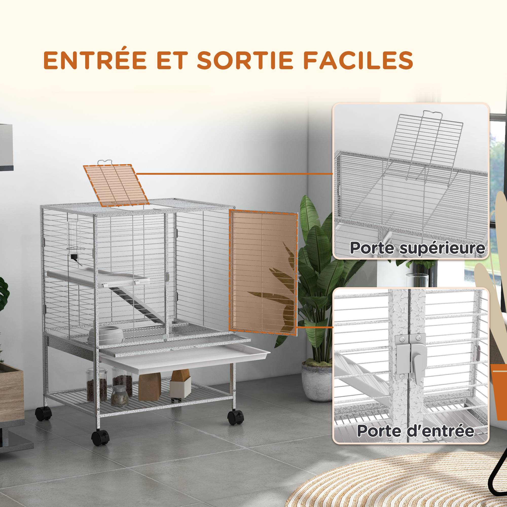Cage acier sur roulettes pour furets et chinchillas 2 niveaux avec rampe 61x44x86 cm gris - ComfortXL Outdoor Living - Image 9