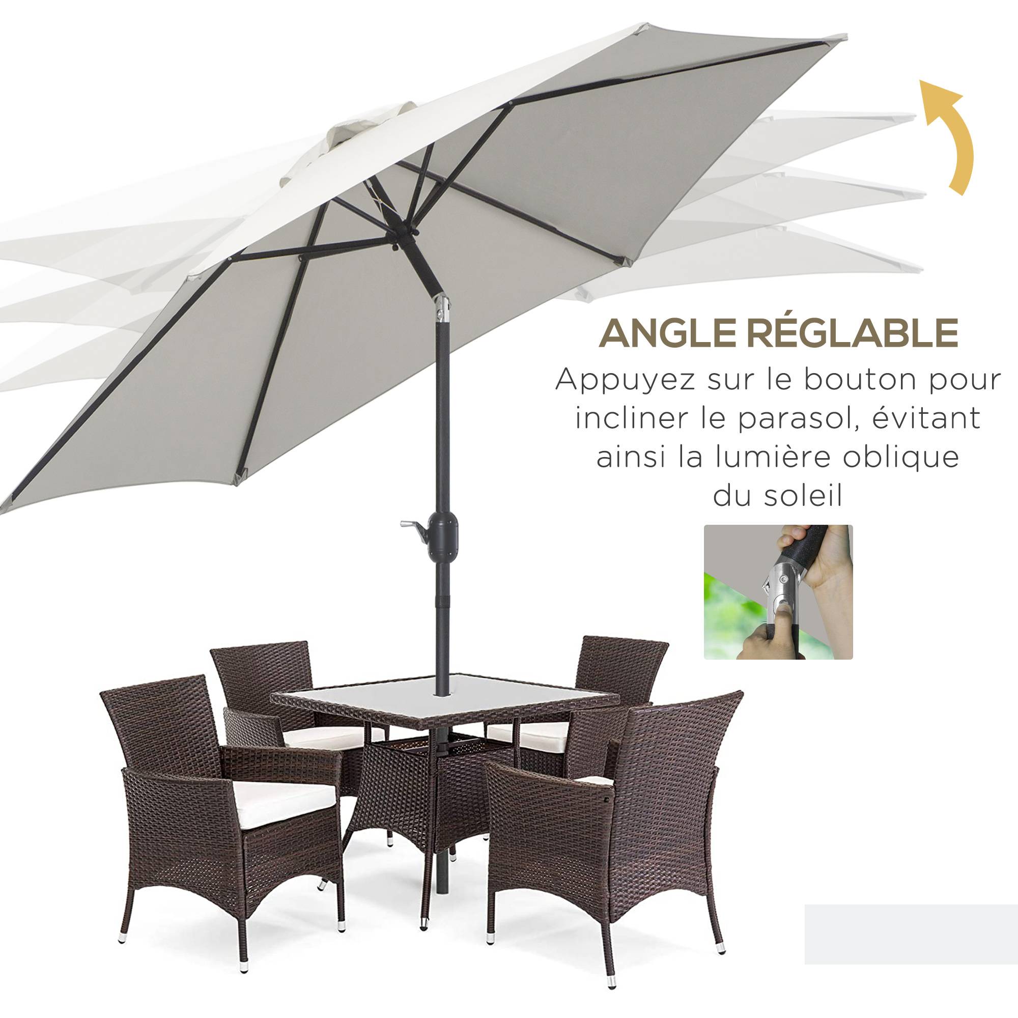 Parasol inclinable en aluminium et polyester crème 295 x 295 x 260 cm - PANGIVO - Image 7