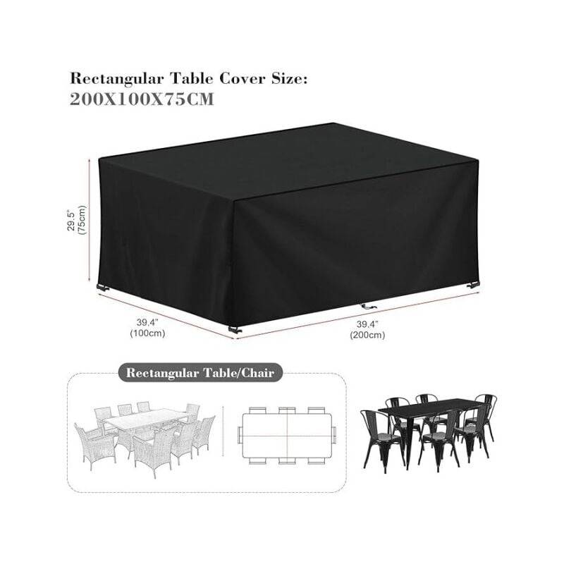 IntiMeg - Housse de protection pour mobilier de jardin - 200x100x75 cm - Oxford 420D noir rectangulaire - Bâche de protection pour tables et mobilier de jardin - Image 2