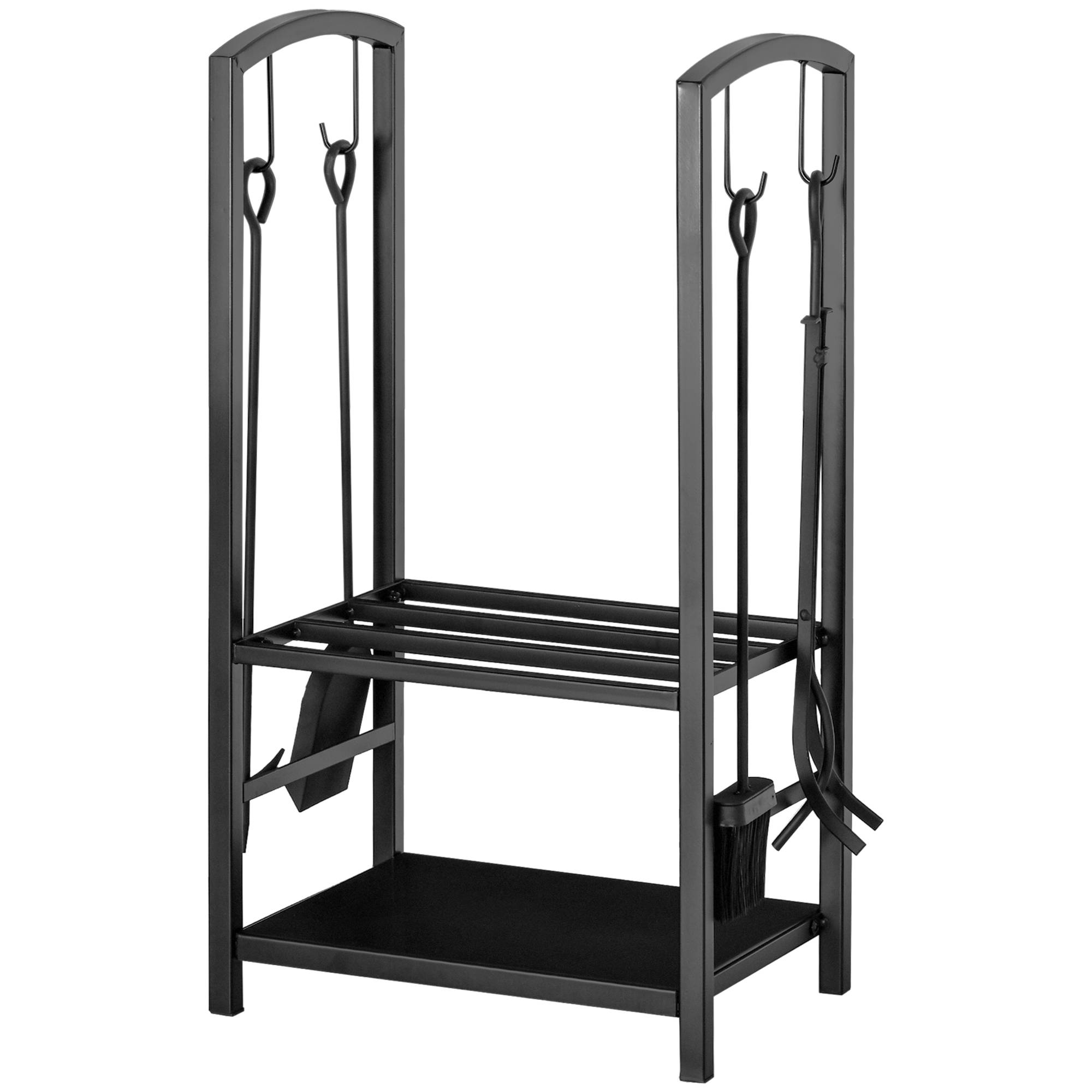 Range‑bûches cheminée 40x30x74,5 cm, 2 niveaux métal, 4 accessoires cheminée, charge 100 kg, intérieur‑extérieur, noir - Image 2