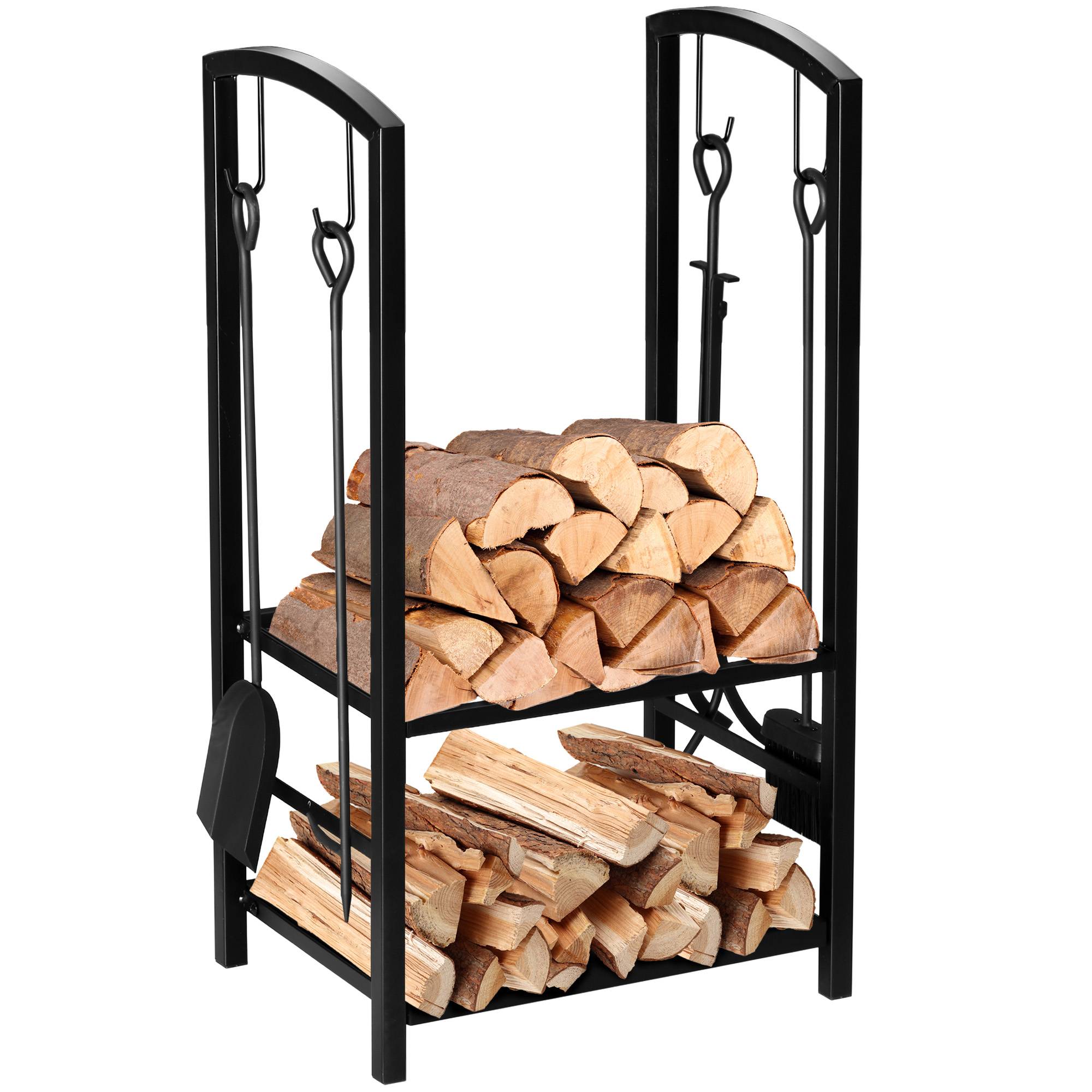 Range‑bûches cheminée 40x30x74,5 cm, 2 niveaux métal, 4 accessoires cheminée, charge 100 kg, intérieur‑extérieur, noir
