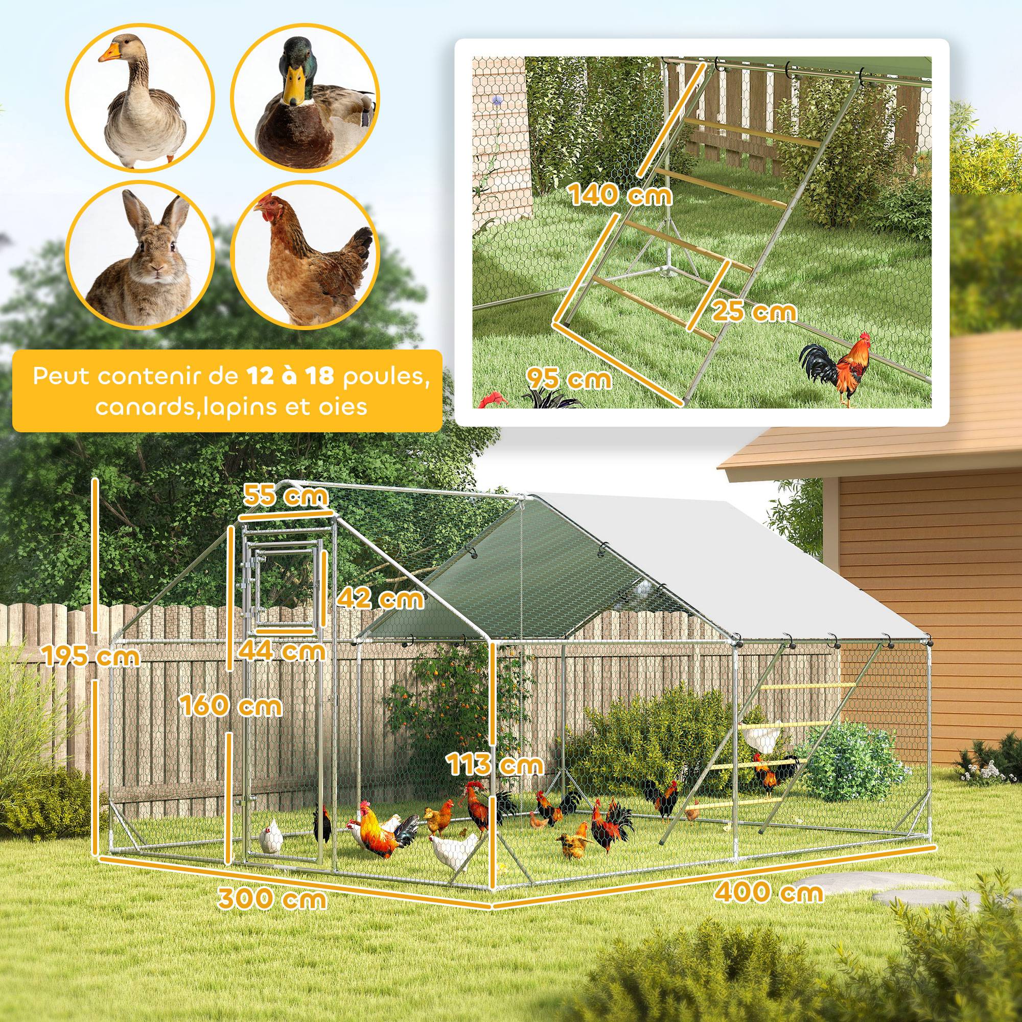 Sans Marque - Enclos poulailler extérieur parc grillagé 12 m² perchoir mangeoire acier galvanisé Ø25mm 300x400x195 cm argent - Image 5