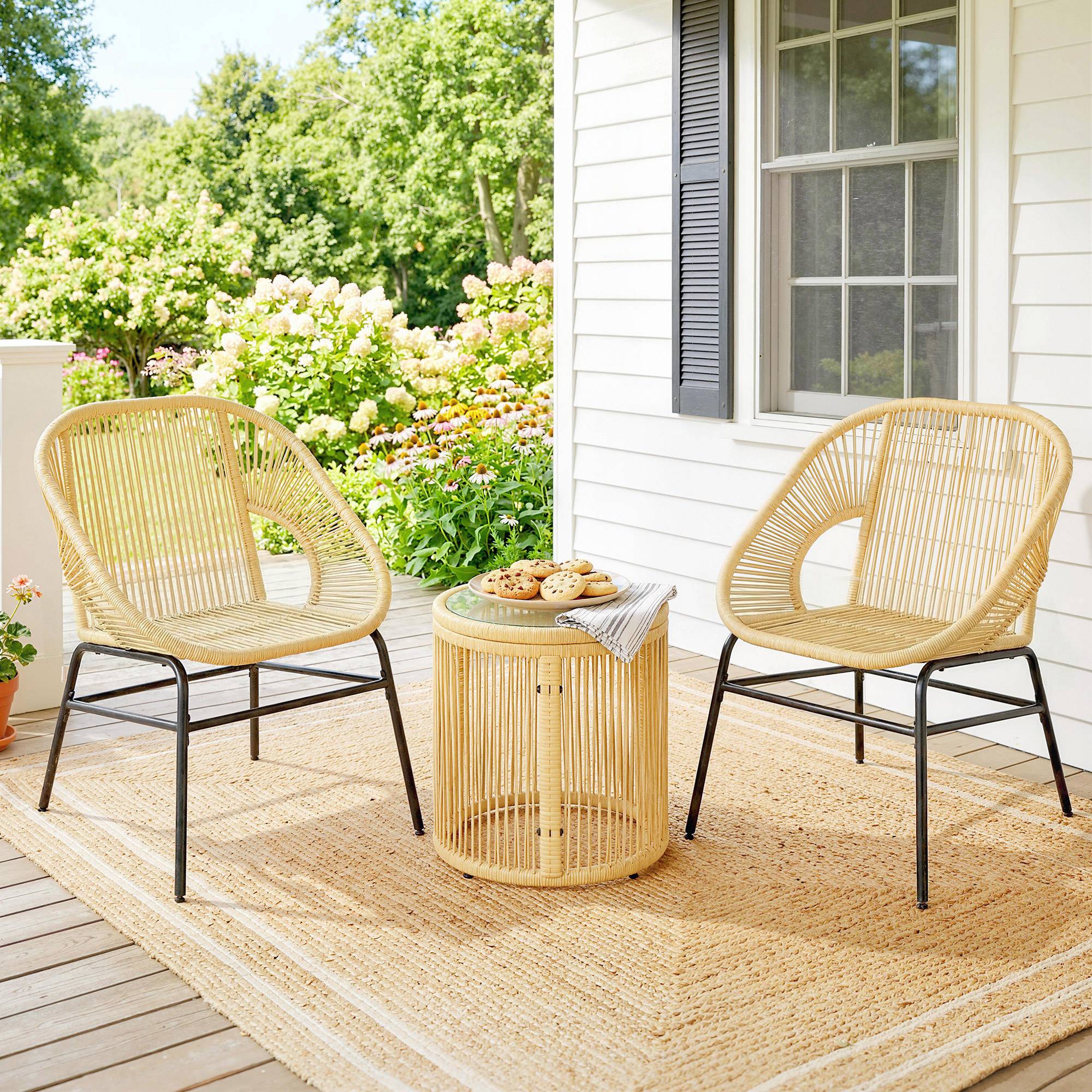 Sans Marque - Ensemble bistro 3 pièces rotin acier 2 chaises table ronde verre trempé beige - Image 4