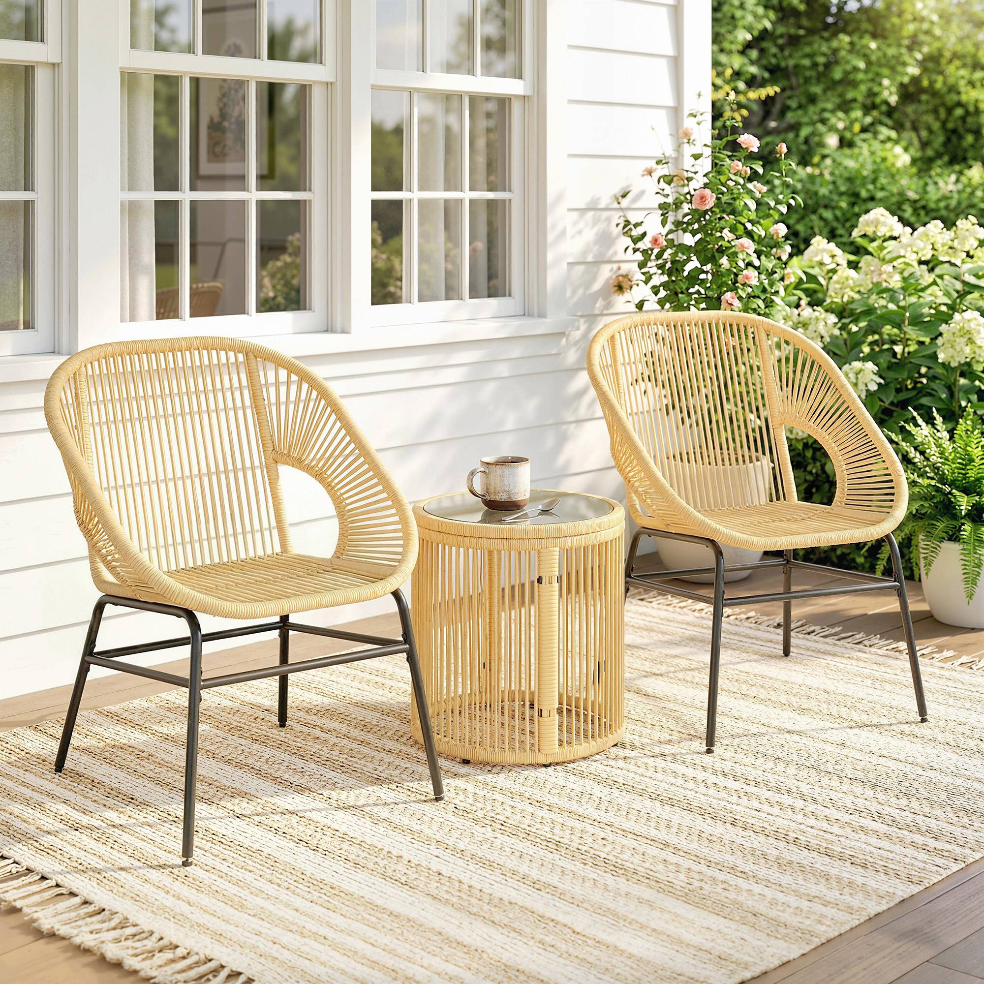 Sans Marque - Ensemble bistro 3 pièces rotin acier 2 chaises table ronde verre trempé beige - Image 3