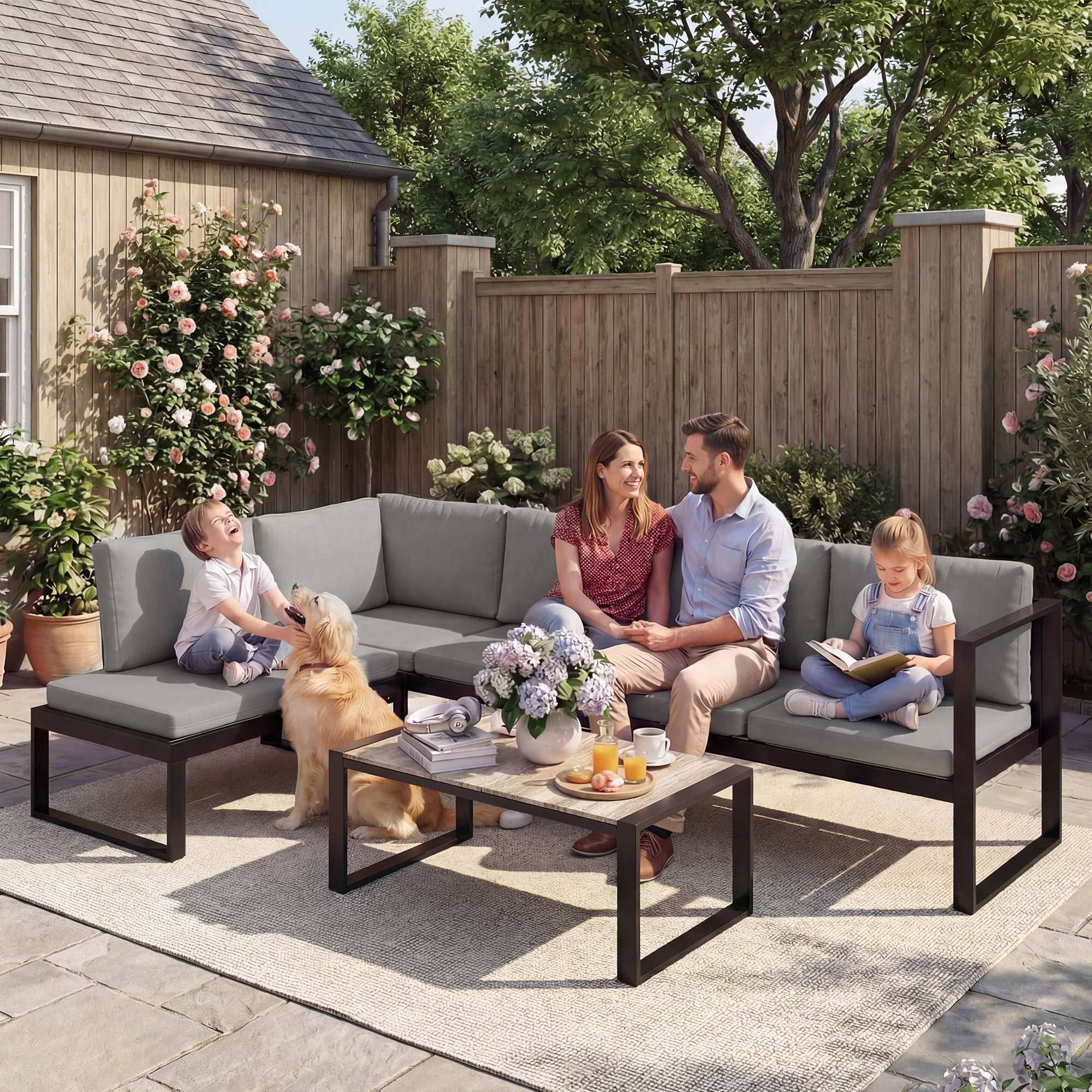 Salon de jardin extérieur d'angle 4 pièces | Mobilier de jardin Gris Foncé Acier, Polyester 247x152x65 cm - Image 9