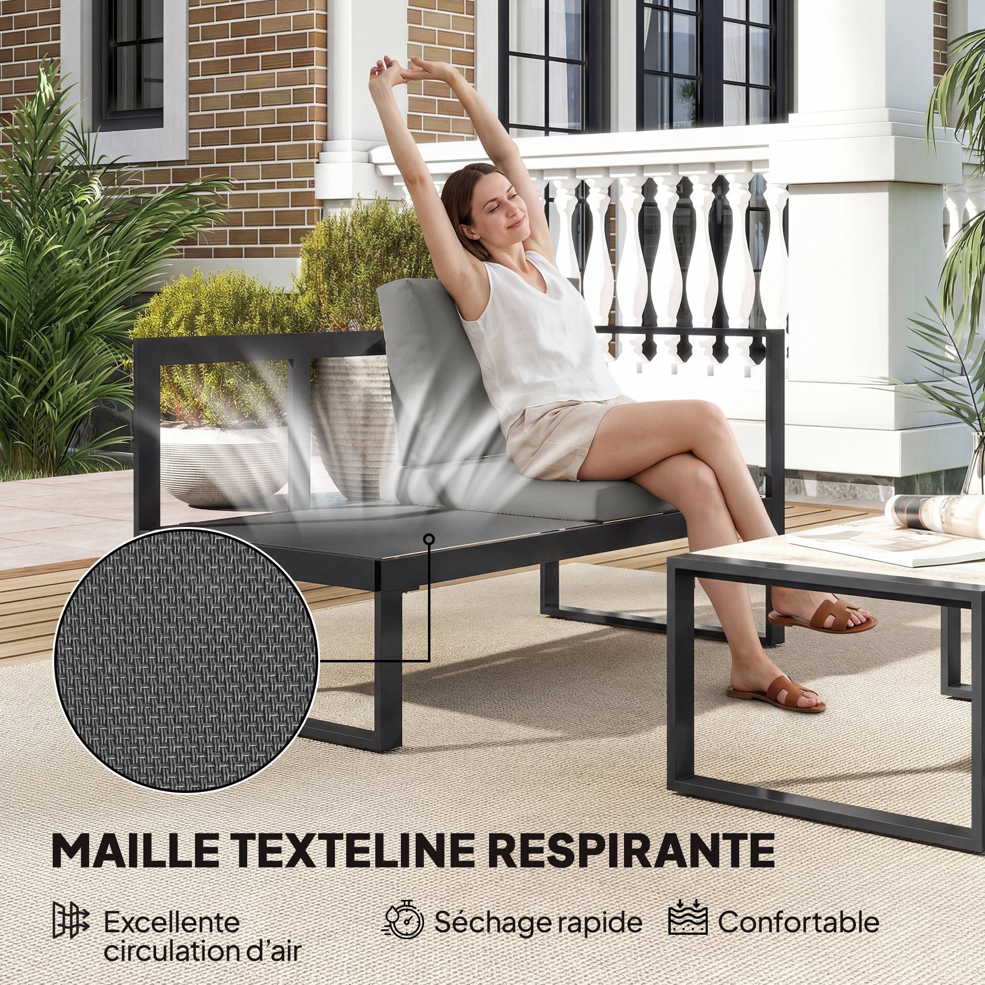 Salon de jardin extérieur d'angle 4 pièces | Mobilier de jardin Gris Foncé Acier, Polyester 247x152x65 cm - Image 7