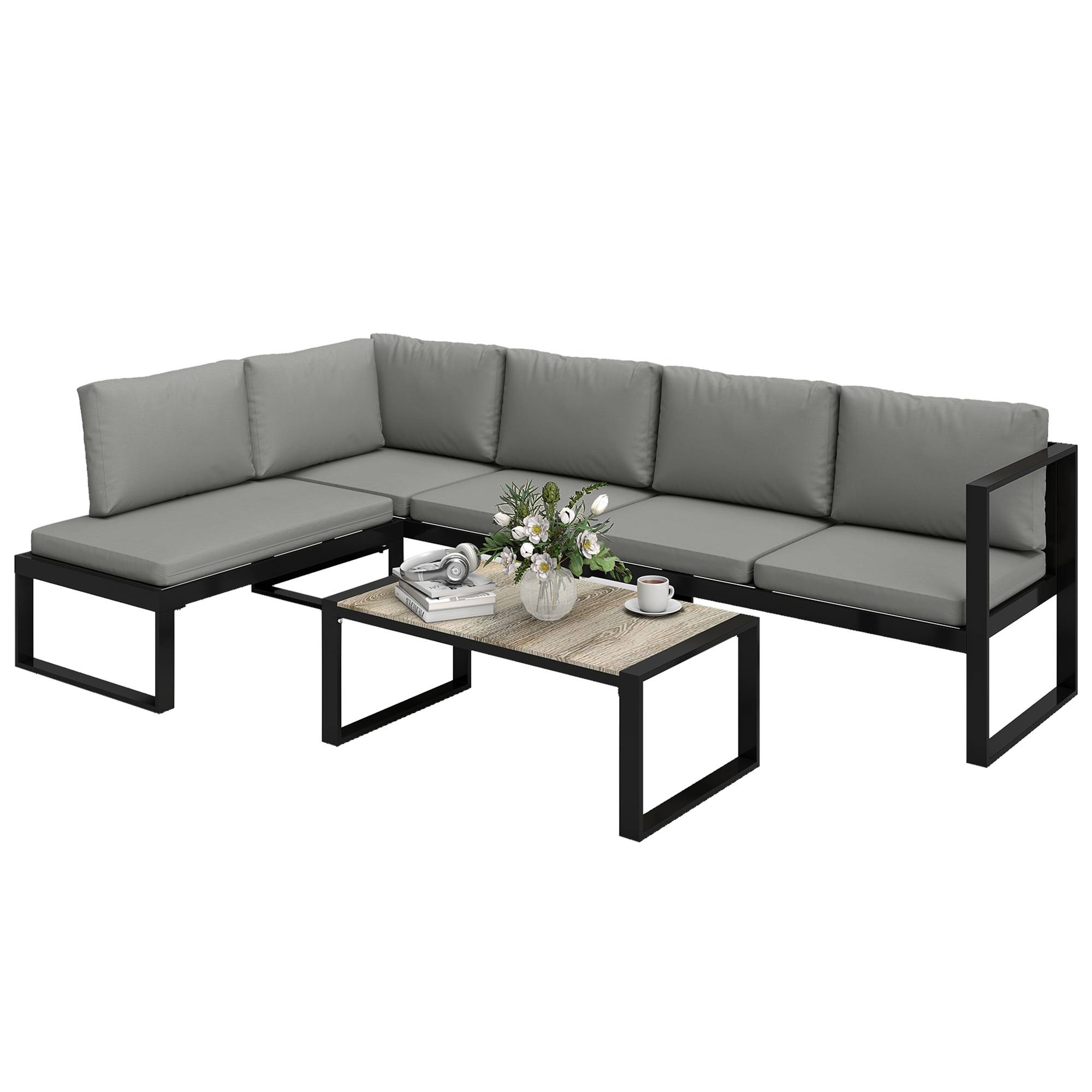Salon de jardin extérieur d'angle 4 pièces | Mobilier de jardin Gris Foncé Acier, Polyester 247x152x65 cm - Image 1