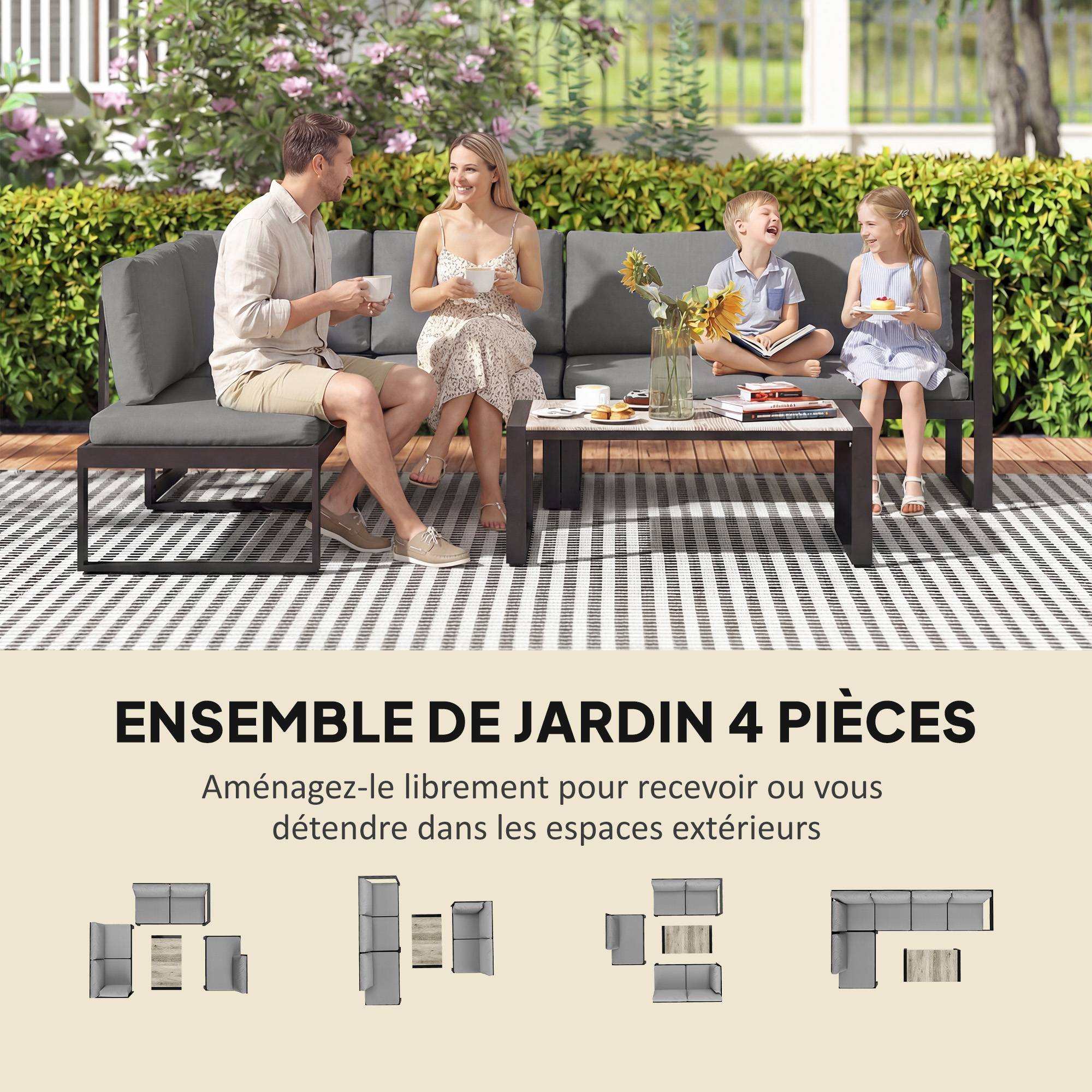 Salon de jardin extérieur d'angle 4 pièces | Mobilier de jardin Gris Foncé Acier, Polyester 247x152x65 cm - Image 6