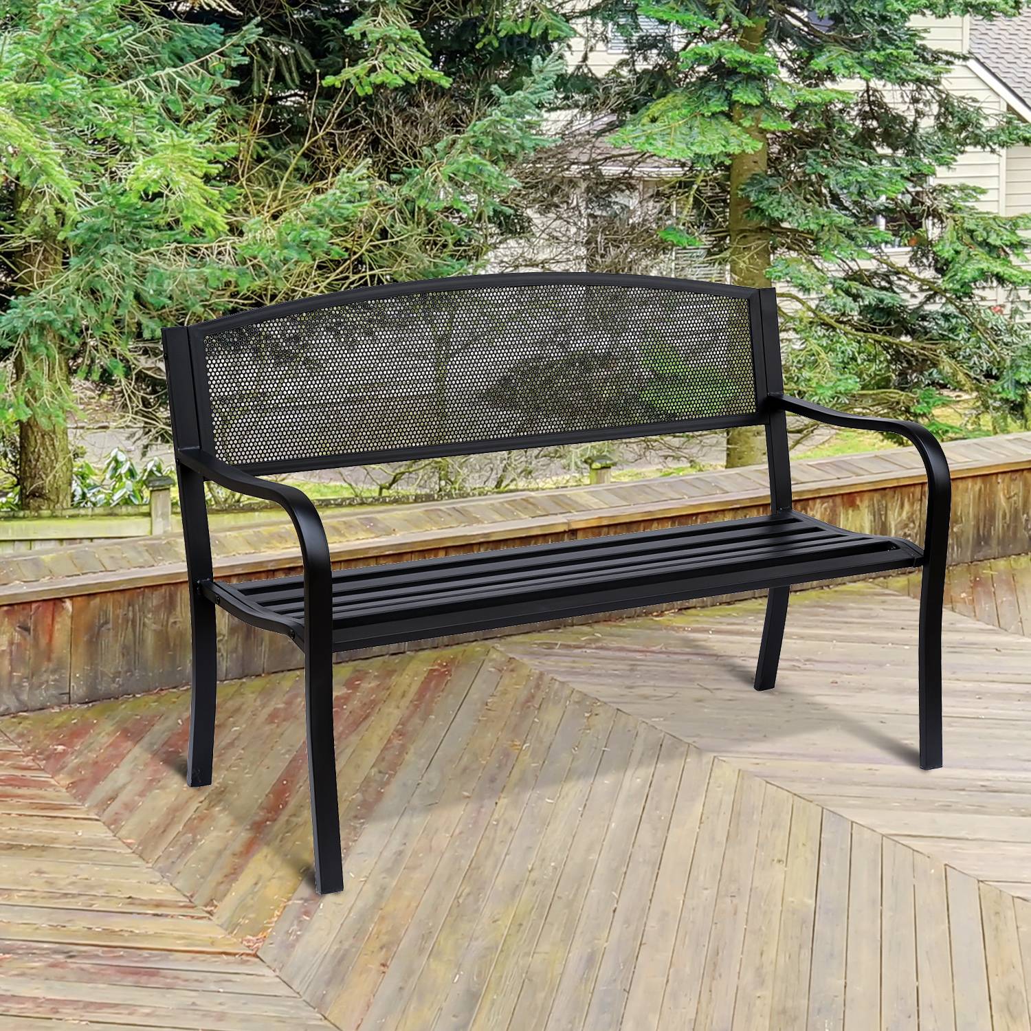 Banc de jardin, banc de parc, 2 places, acier, noir, L 127 x P 60 x H 87 cm - Image 3