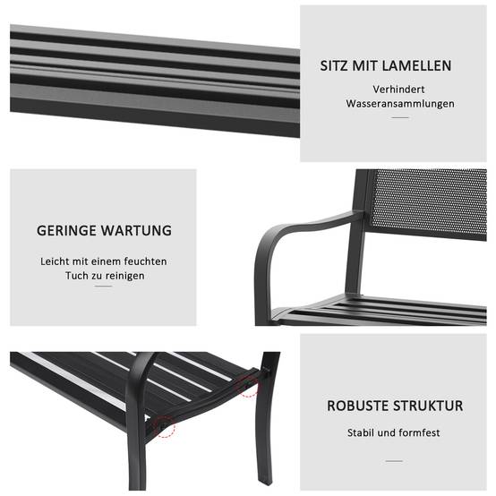 Banc de jardin, banc de parc, 2 places, acier, noir, L 127 x P 60 x H 87 cm - Image 7