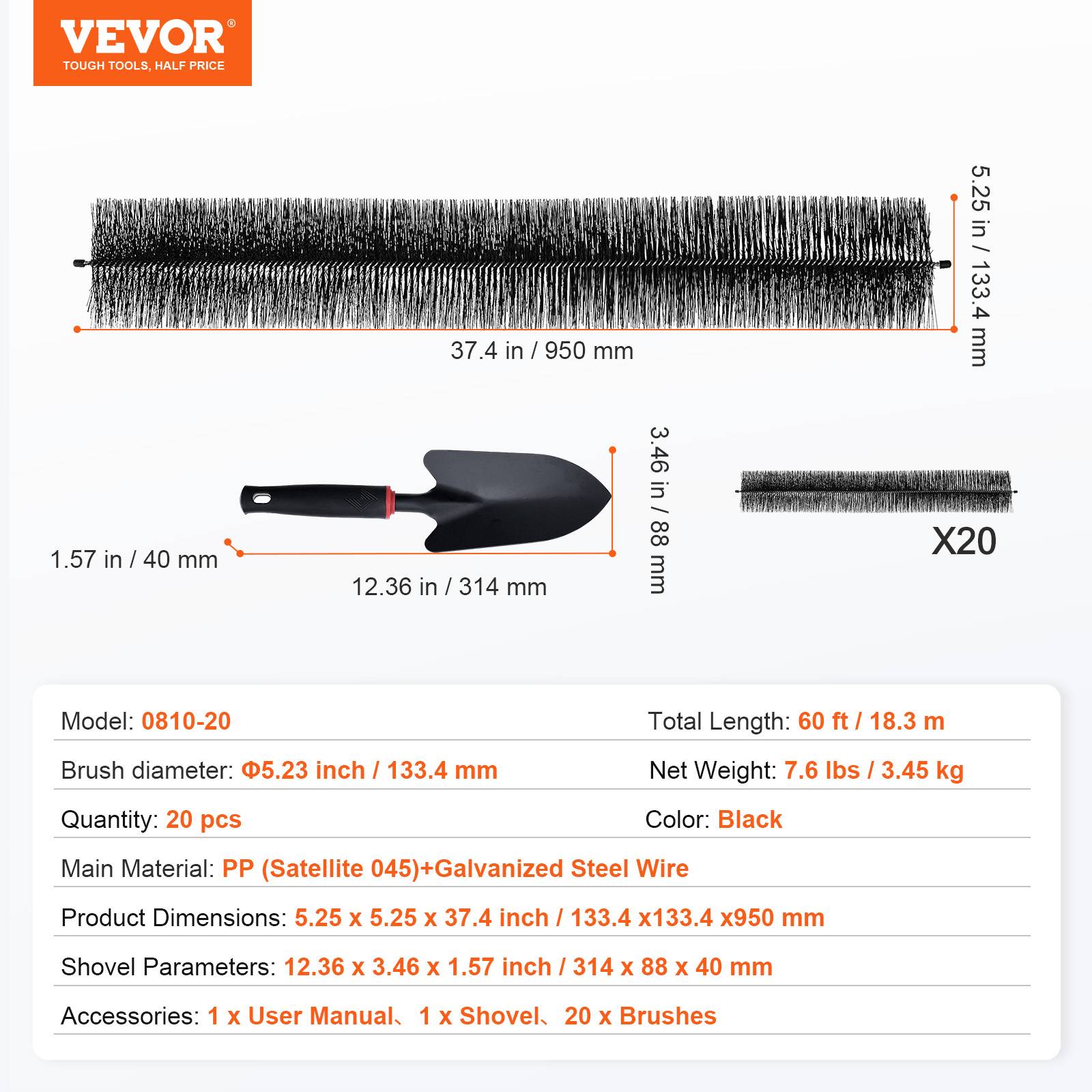 Brosse De Protection Pour Gouttière VEVOR – 4,6 M (5 Pièces) – Noir, Diamètre 110 Mm, PP + Acier