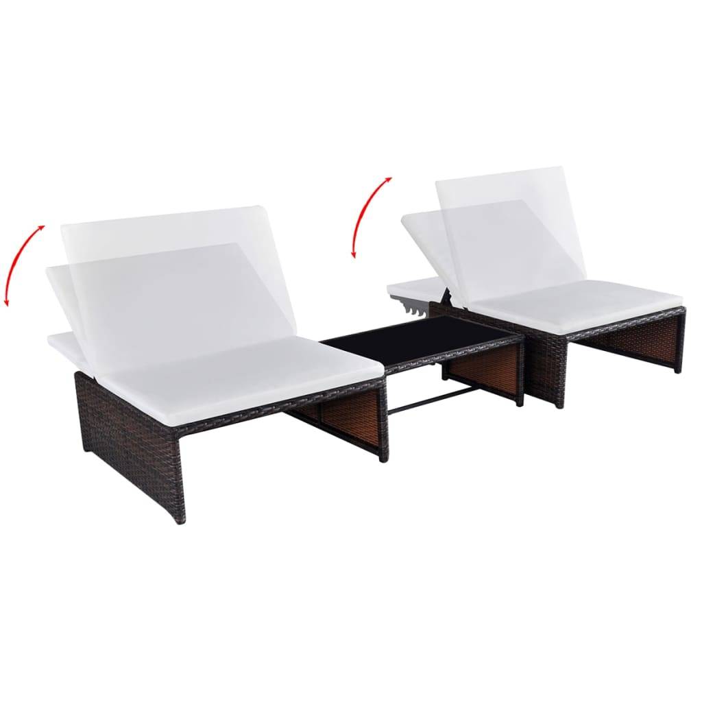 Helloshop26 - Lot de 2 transats chaise longue bain de soleil lit de jardin terrasse meuble d'extérieur avec table résine tressée marron - Image 3