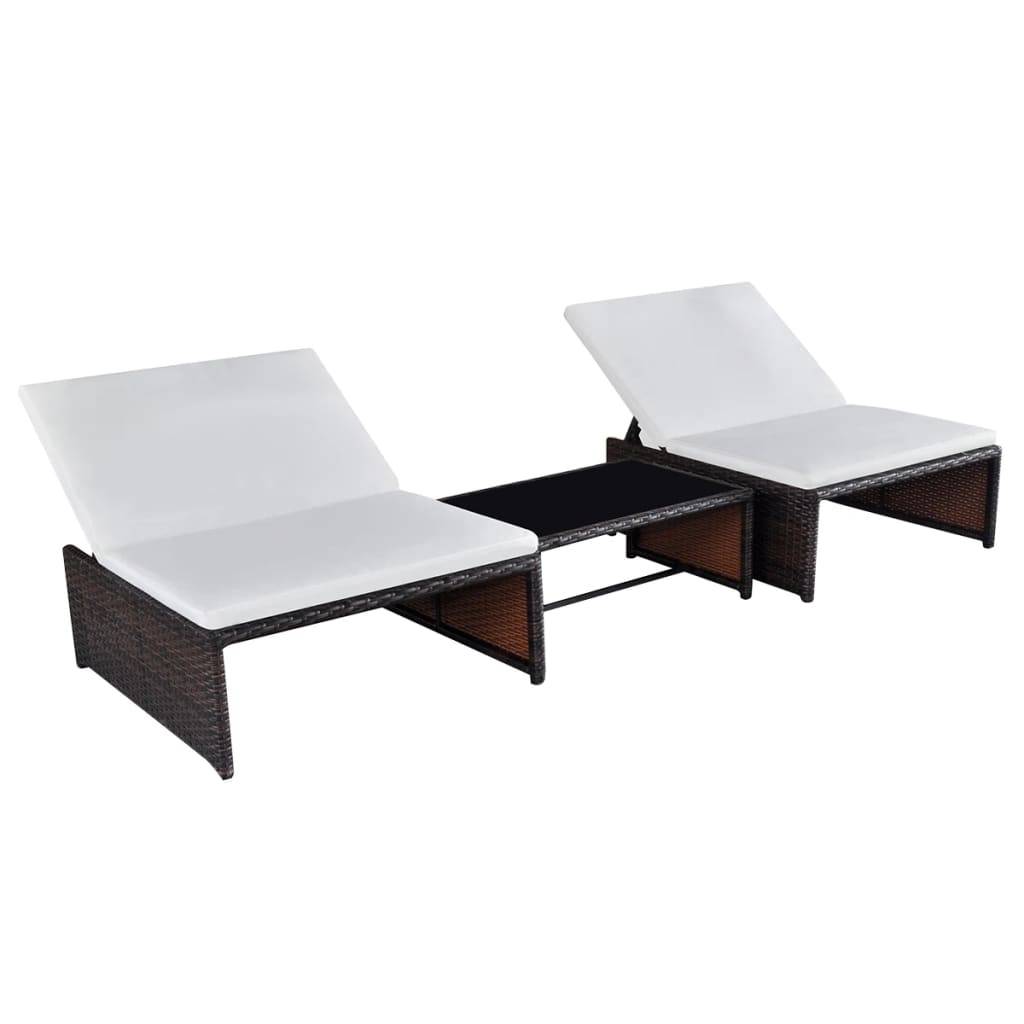 Helloshop26 - Lot de 2 transats chaise longue bain de soleil lit de jardin terrasse meuble d'extérieur avec table résine tressée marron - Image 1