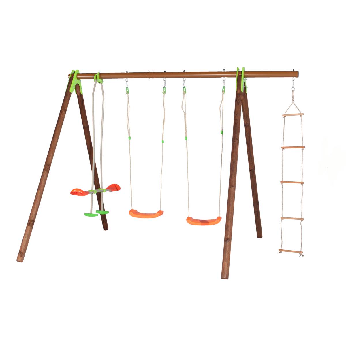 Trigano Jardin - Portique bois-métal avec 2 balançoires + 1 siège face-à-face + 1 échelle de corde J-18549P6 Trigano Jardin - Image 1