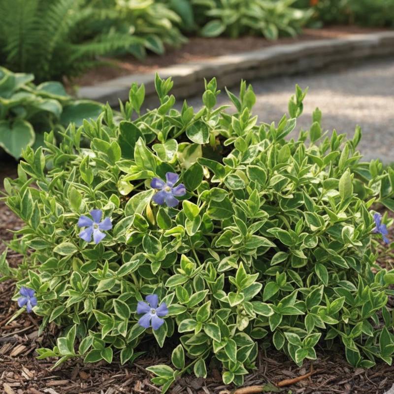 Pervenche Argenteovariegata à fleurs Bleue/ - feuillage Persistant - Godet - 5/20 cm