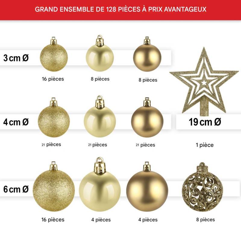 Boules de Noël Dorées Décorations de sapin Coffret de 128 pièces inclus ètoile de sapin-5 cartes - Image 2