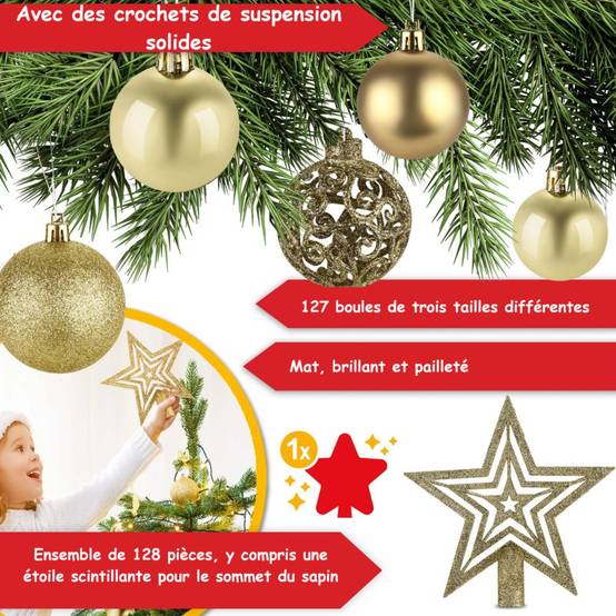 Boules de Noël Dorées Décorations de sapin Coffret de 128 pièces inclus ètoile de sapin-5 cartes - Image 3
