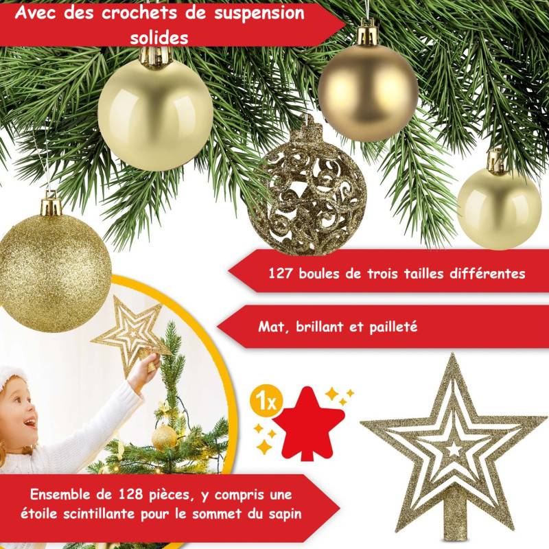 Boules de Noël Dorées Décorations de sapin Coffret de 128 pièces inclus ètoile de sapin-5 cartes - Image 3