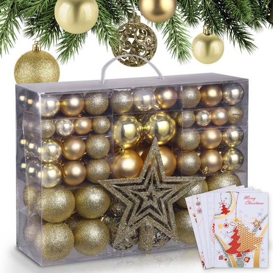 Boules de Noël Dorées Décorations de sapin Coffret de 128 pièces inclus ètoile de sapin-5 cartes - Image 1