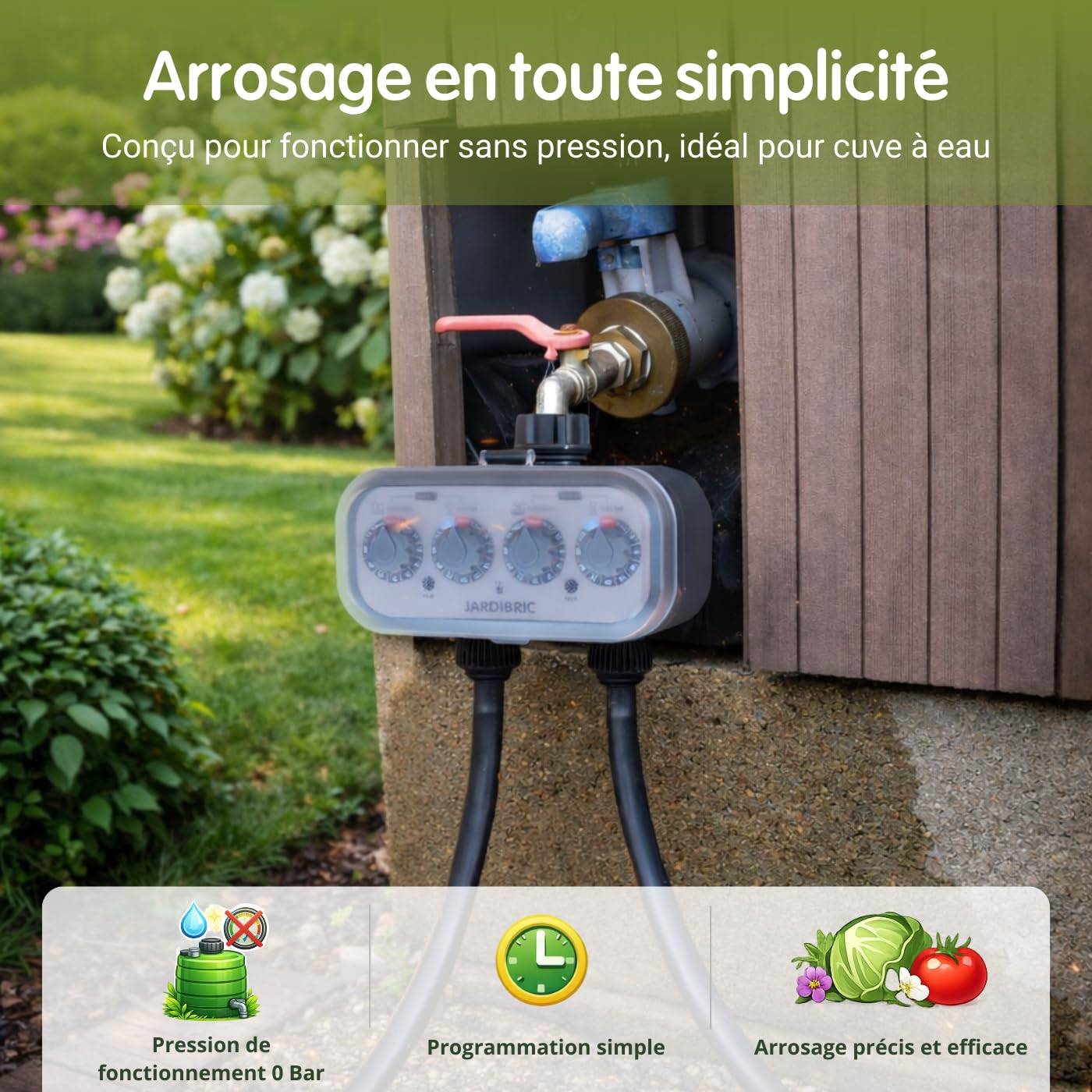 Jardibric - Jardibric - Programmateur d'Arrosage Sans Pression 2 Voies - Durée Réglable 1 Min à 1 H, Fréquence 1 à 7 Jours, Plastique Recyclé 29% - Image 2
