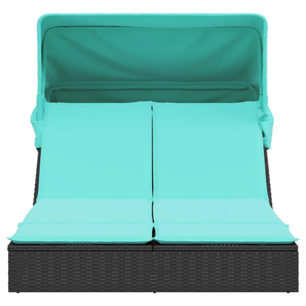 Chaise longue | Transat | Bain de soleil double et auvent et coussins noir résine tressée - Image 3