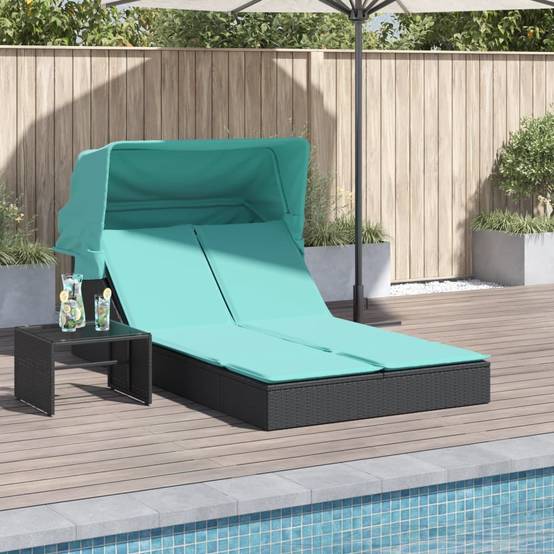 Chaise longue | Transat | Bain de soleil double et auvent et coussins noir résine tressée - Image 2