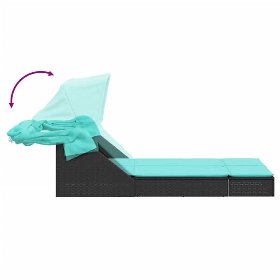 Chaise longue | Transat | Bain de soleil double et auvent et coussins noir résine tressée - Image 6