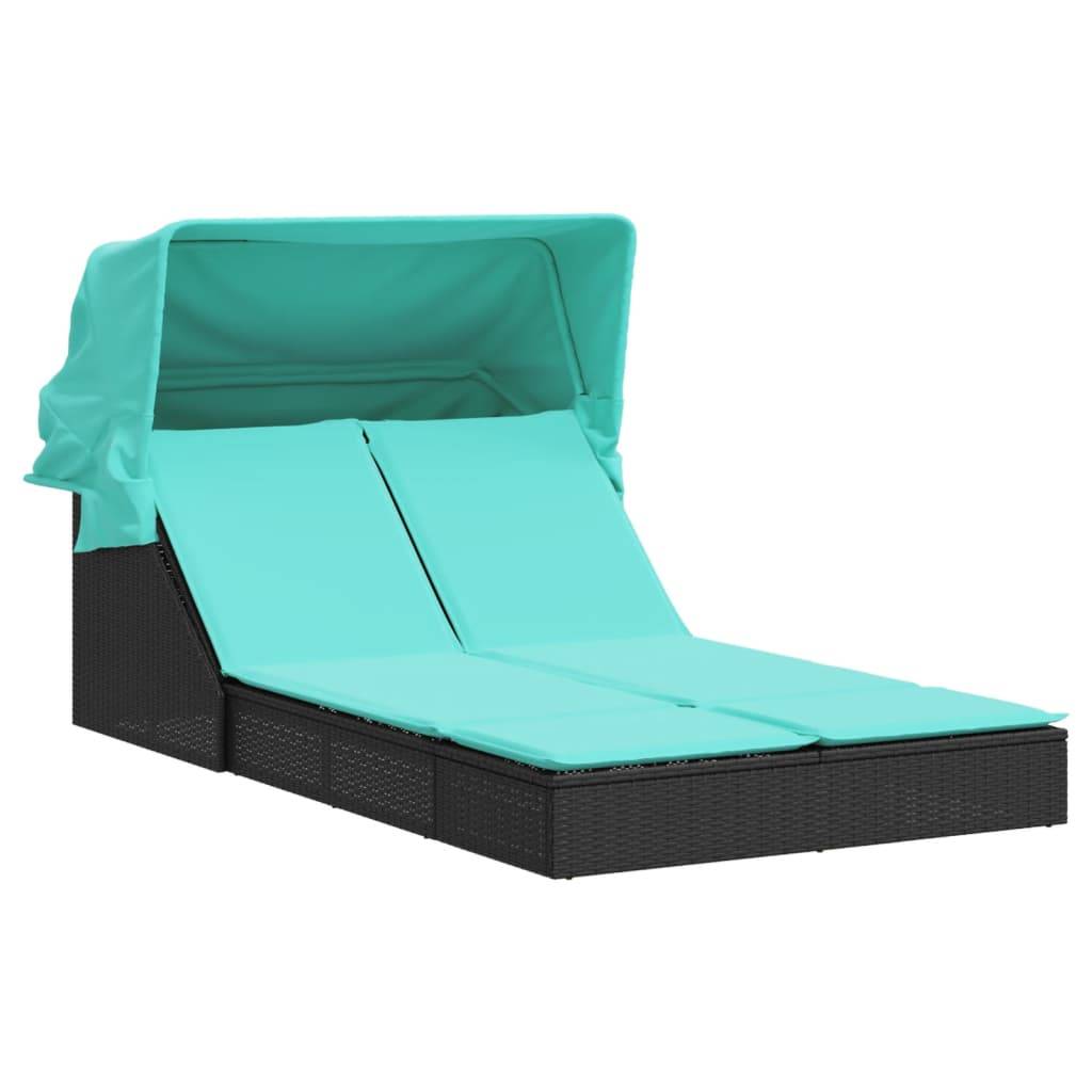 Chaise longue | Transat | Bain de soleil double et auvent et coussins noir résine tressée - Image 1