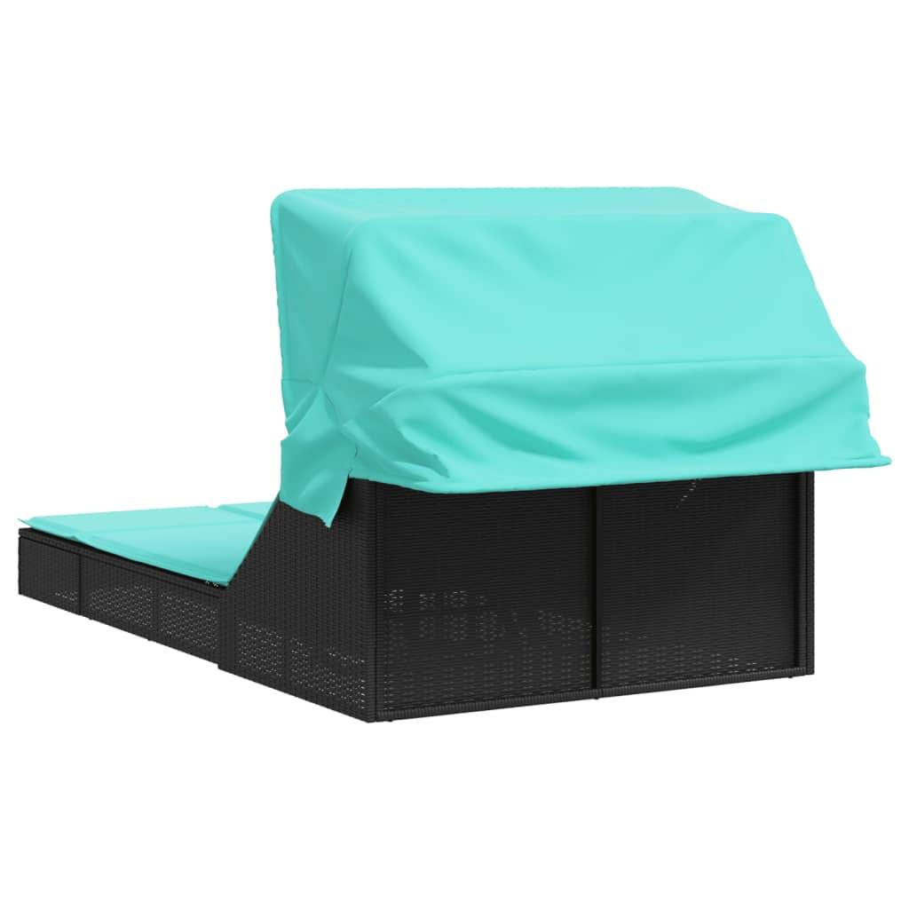 Chaise longue | Transat | Bain de soleil double et auvent et coussins noir résine tressée - Image 5