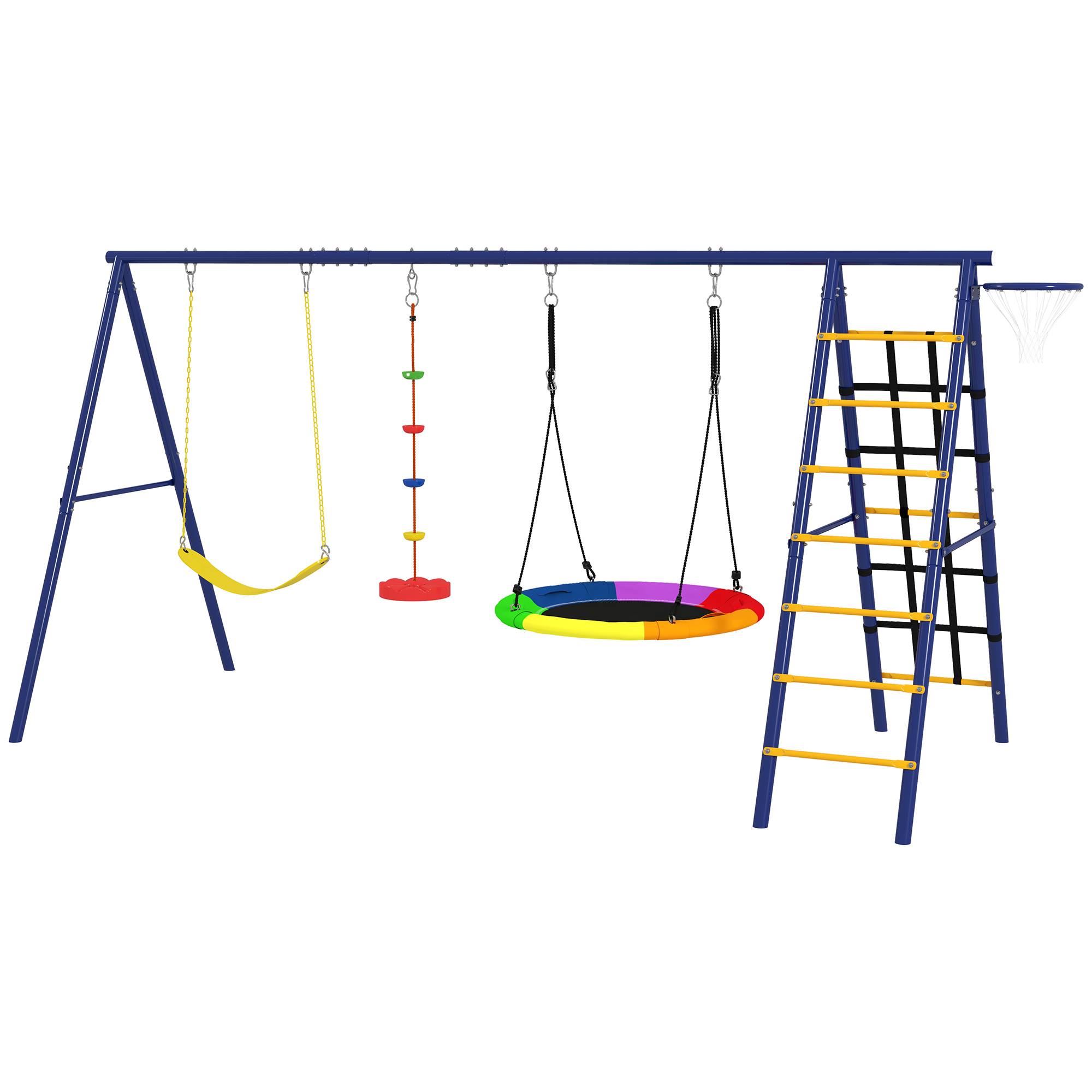 Ensemble de jeu 6-en-1 multicolore balançoire nid échelle filet escalade panier basket 350 × 183 × 200 cm - Image 2
