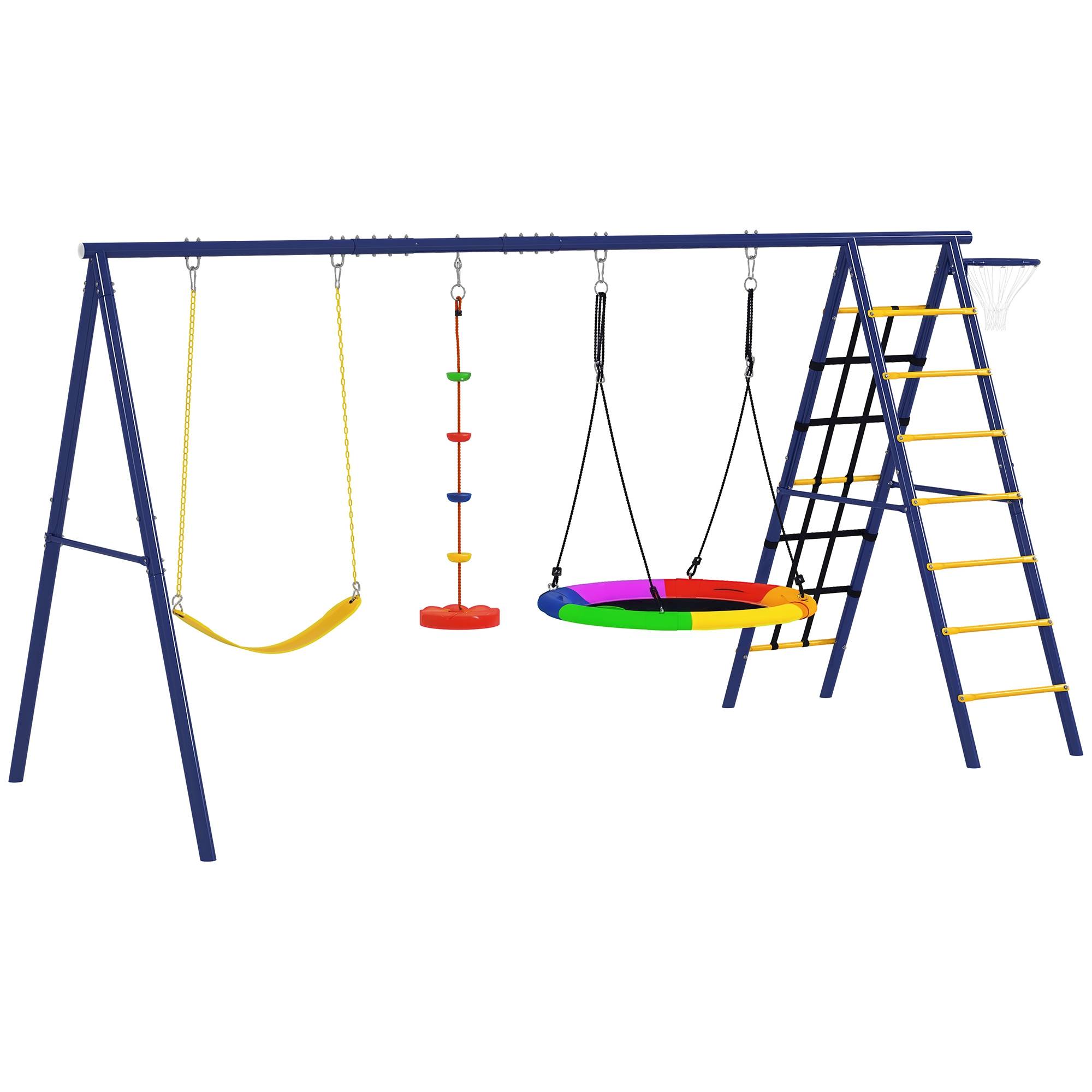 Ensemble de jeu 6-en-1 multicolore balançoire nid échelle filet escalade panier basket 350 × 183 × 200 cm - Image 1