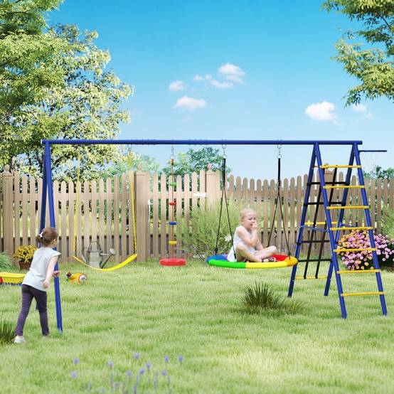 Ensemble de jeu 6-en-1 multicolore balançoire nid échelle filet escalade panier basket 350 × 183 × 200 cm - Image 4